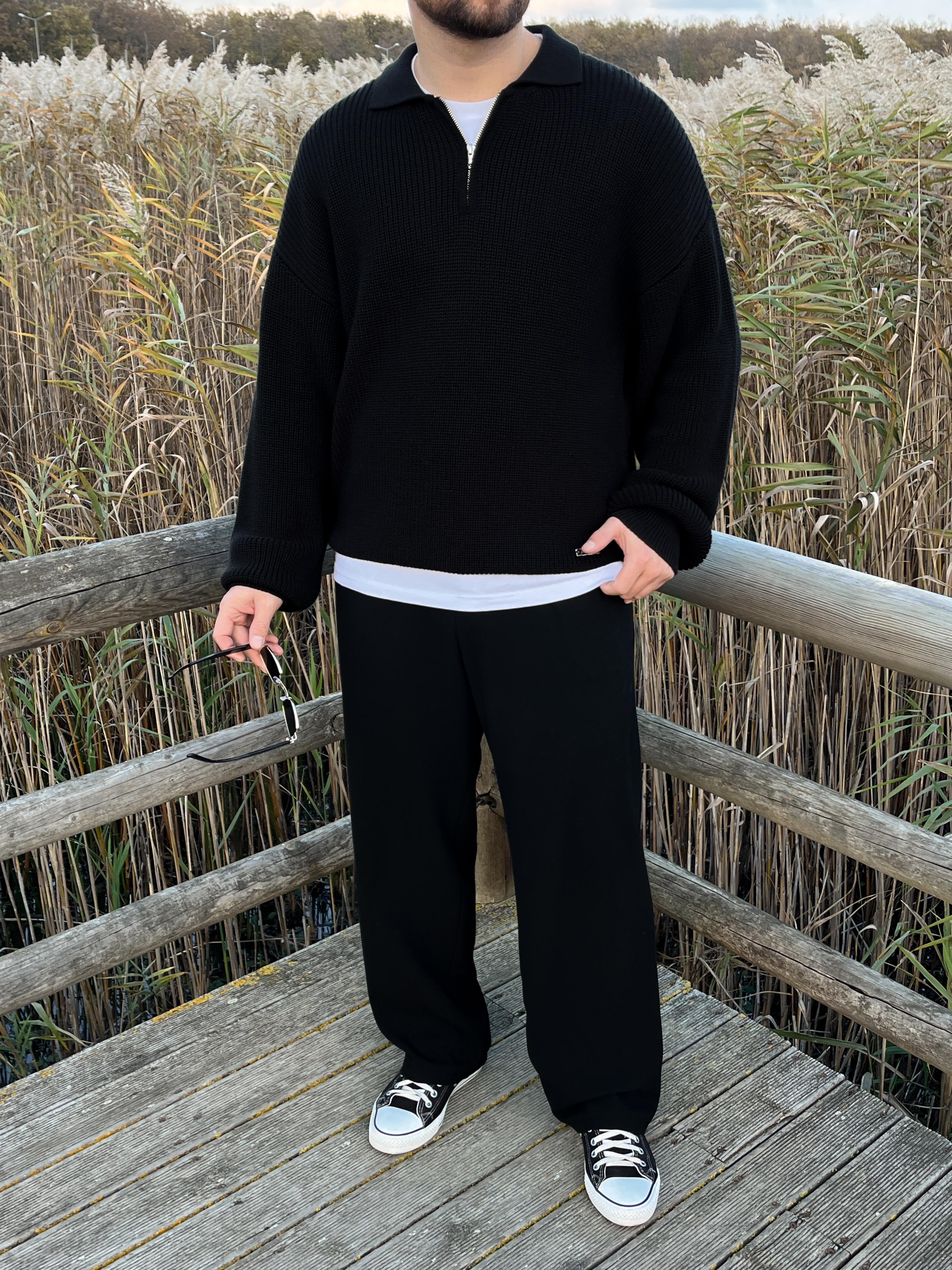 Elite Siyah Zip Polo Oversize Örgü Kazak