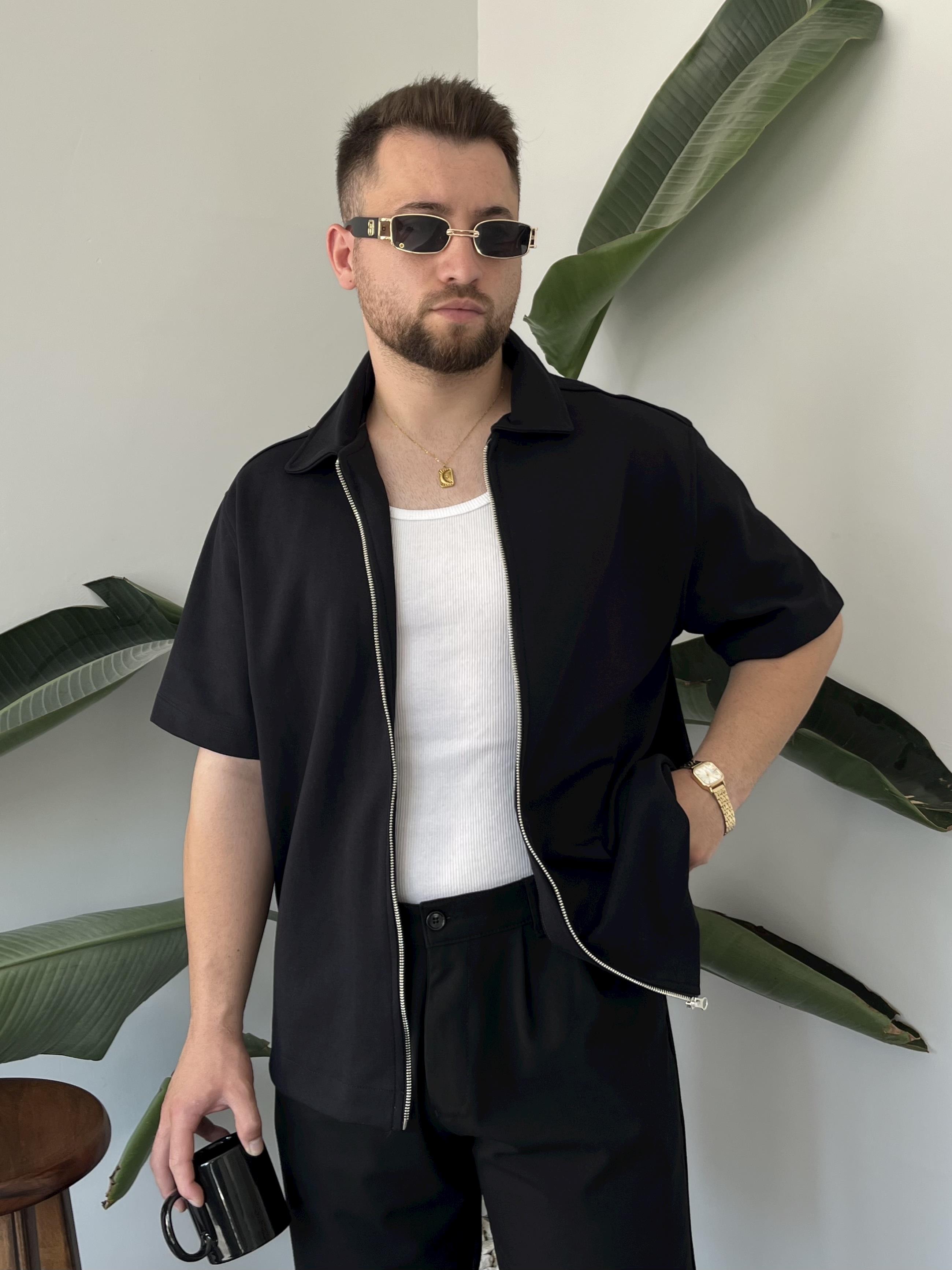 Fermuarlı Siyah Oversize Gömlek