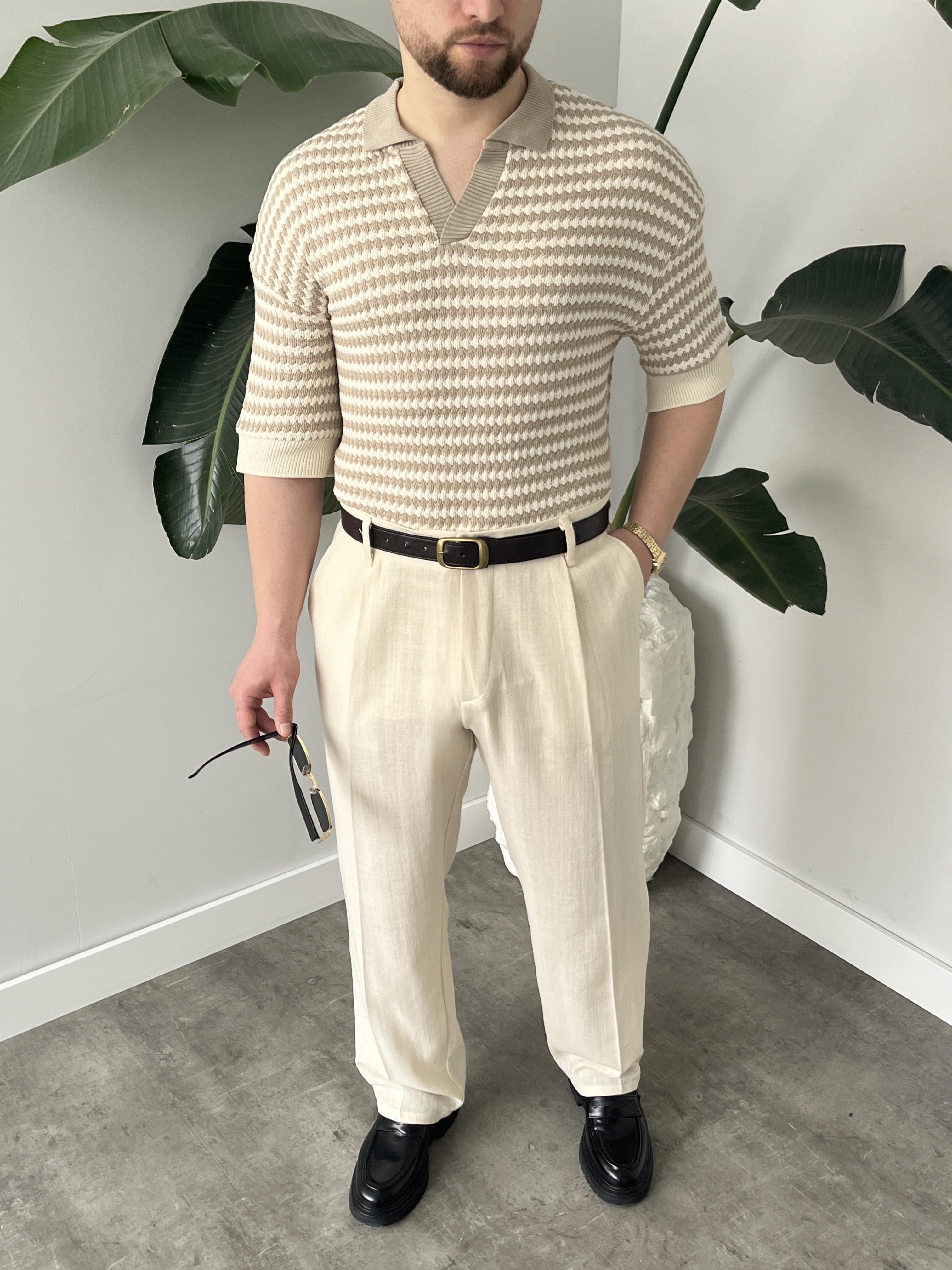 Fioro Bej Diagonel Desen Oversize Örme Polo Yaka T-shirt