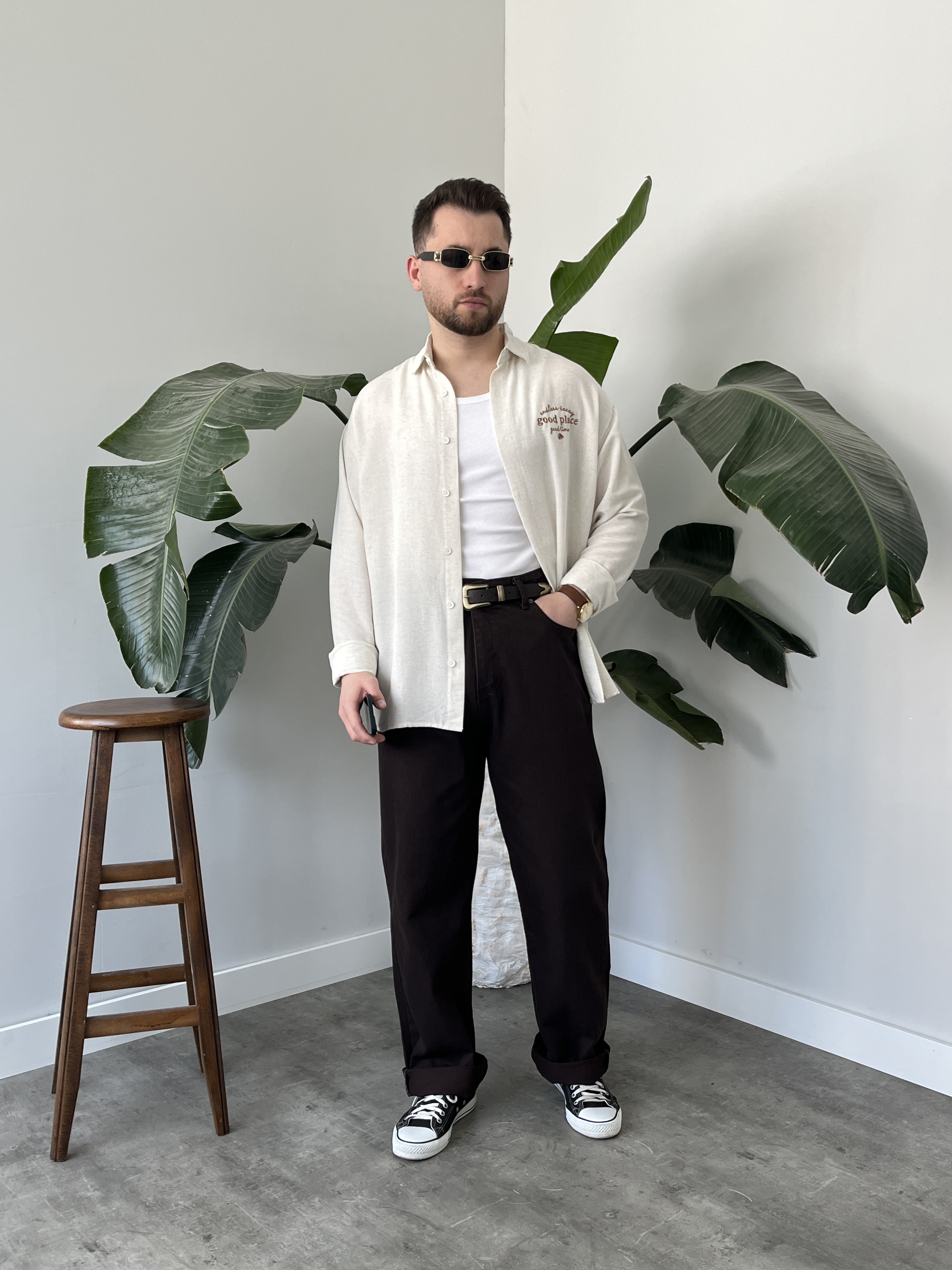Good Place Nakışlı Taş Keten Oversize Gömlek