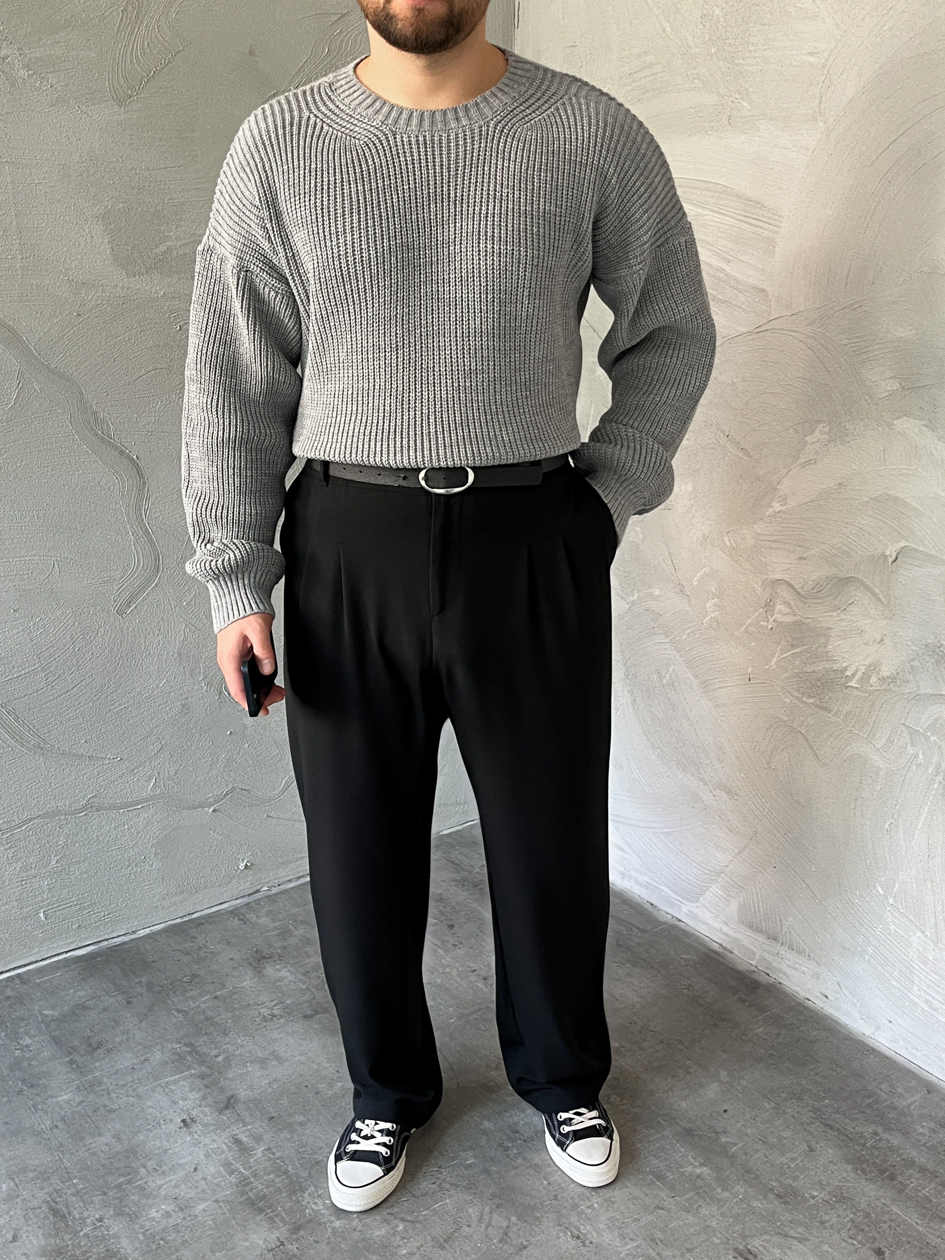 Gri Basic Örgü Oversize Kazak