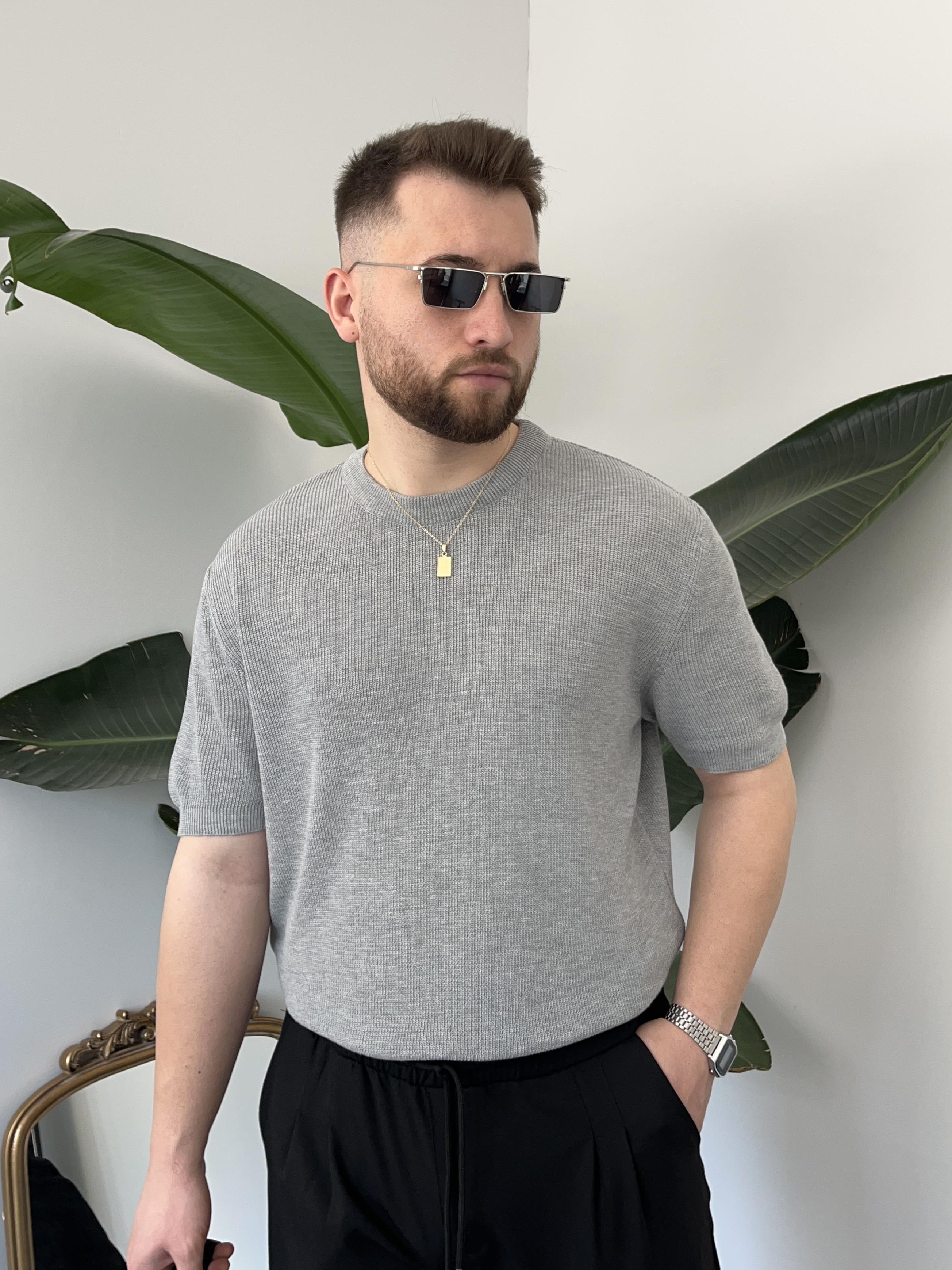 Gri Casual Örme Triko T-shirt