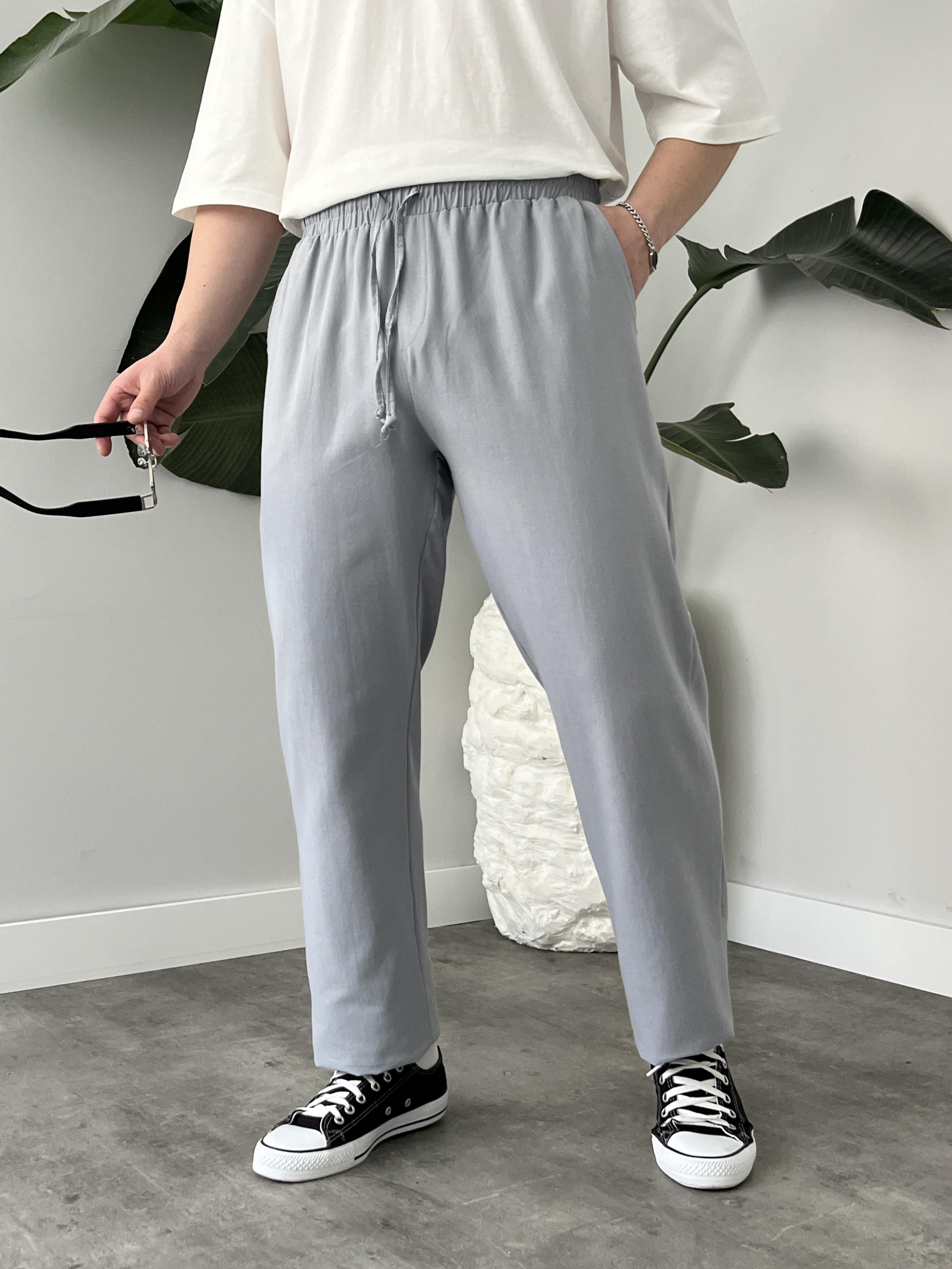 Gri Gabardin Keten Baggy Pantolon