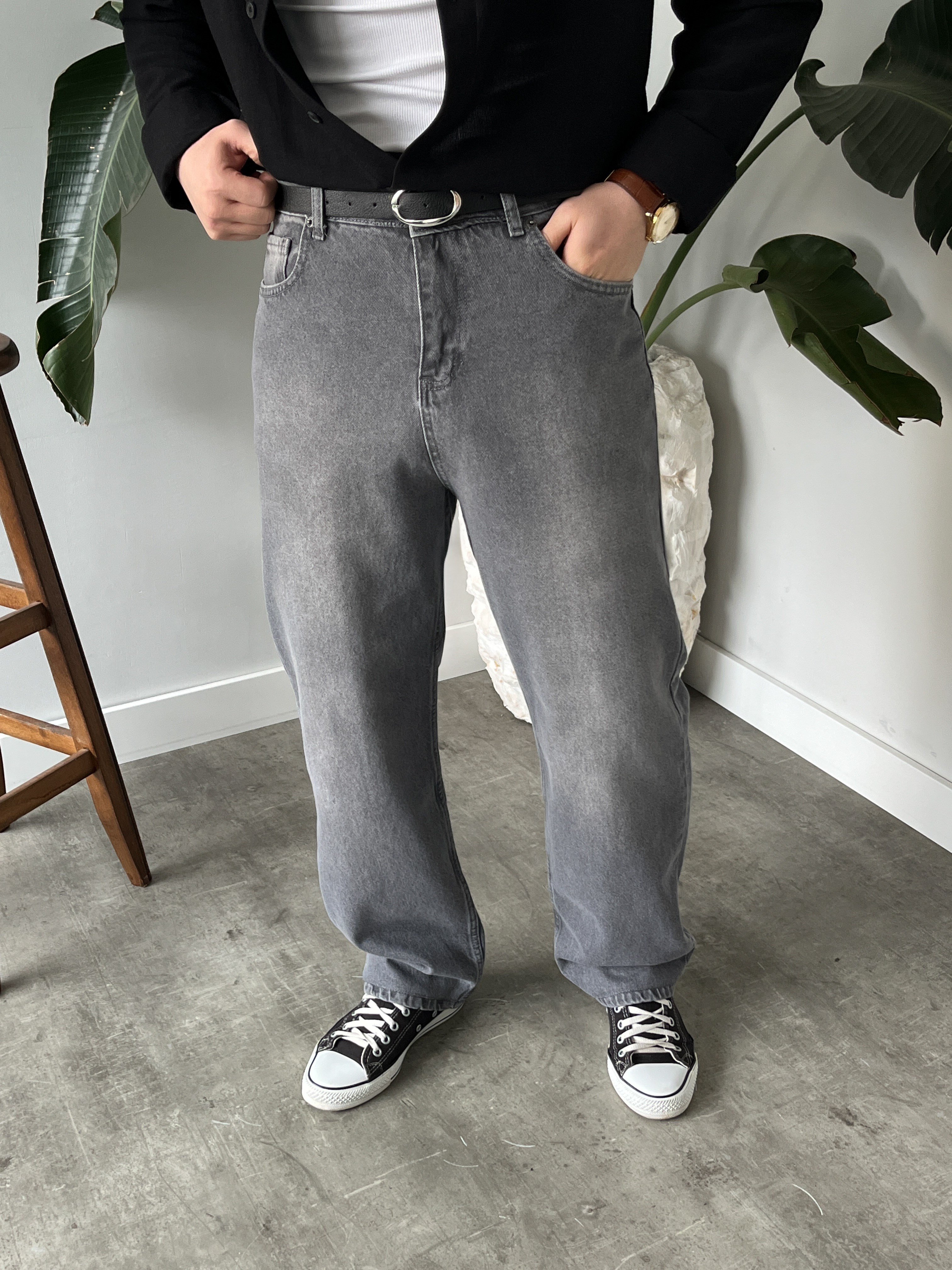 Gri Yıkamalı Baggy Jean