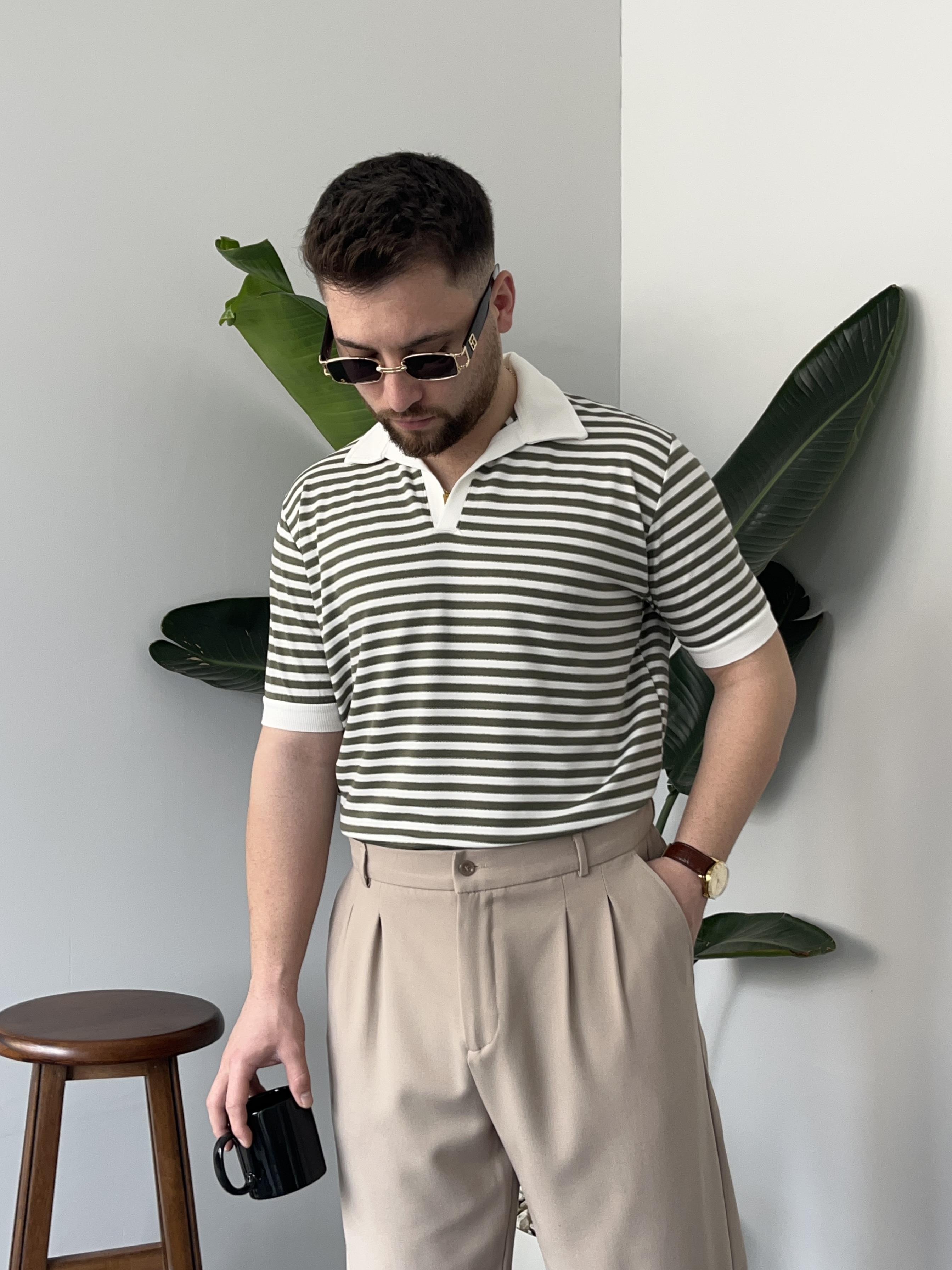 Haki Çizgili Polo Yaka Triko T-shirt