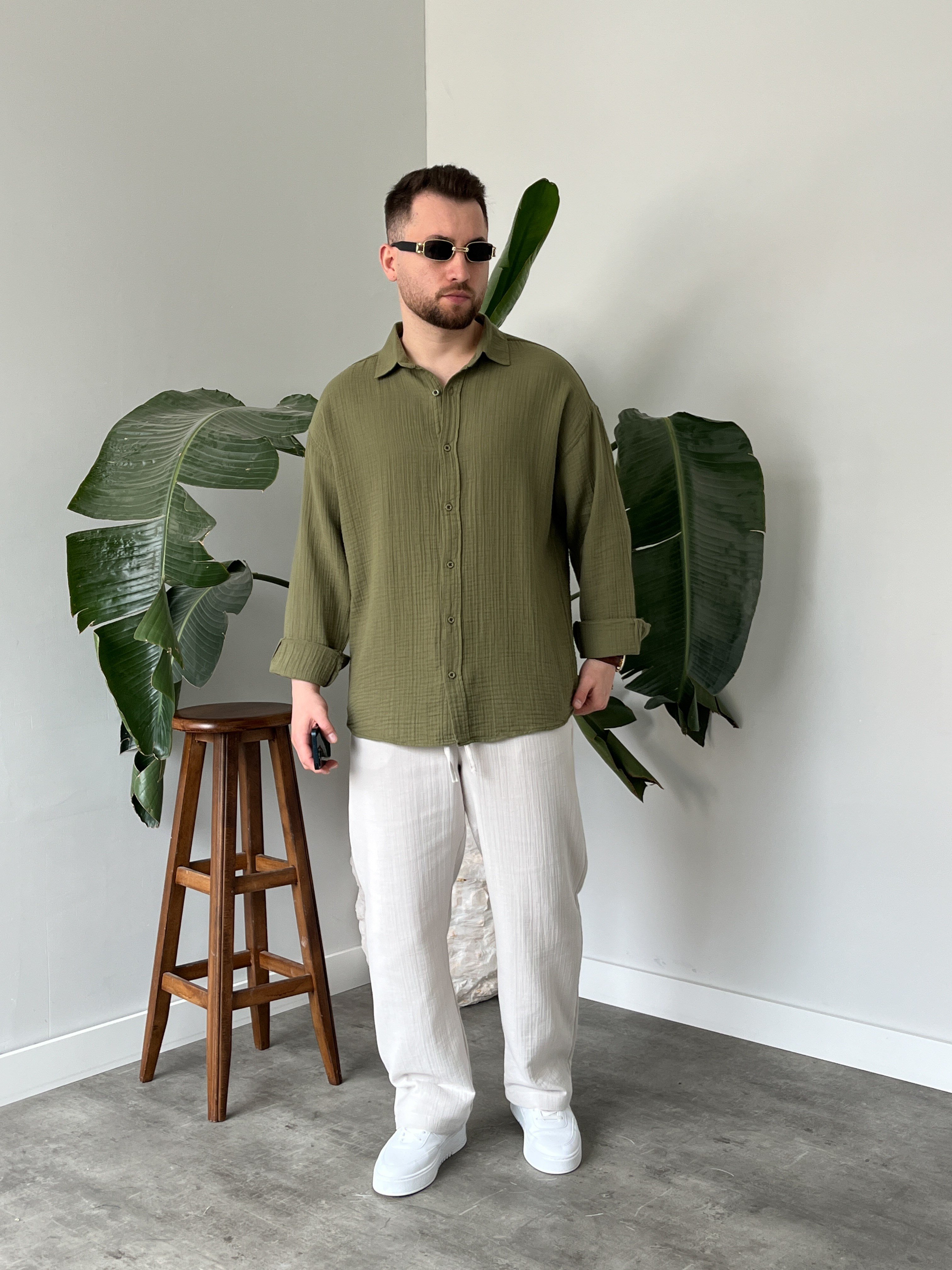 Haki Müslin Dokulu Oversize Gömlek