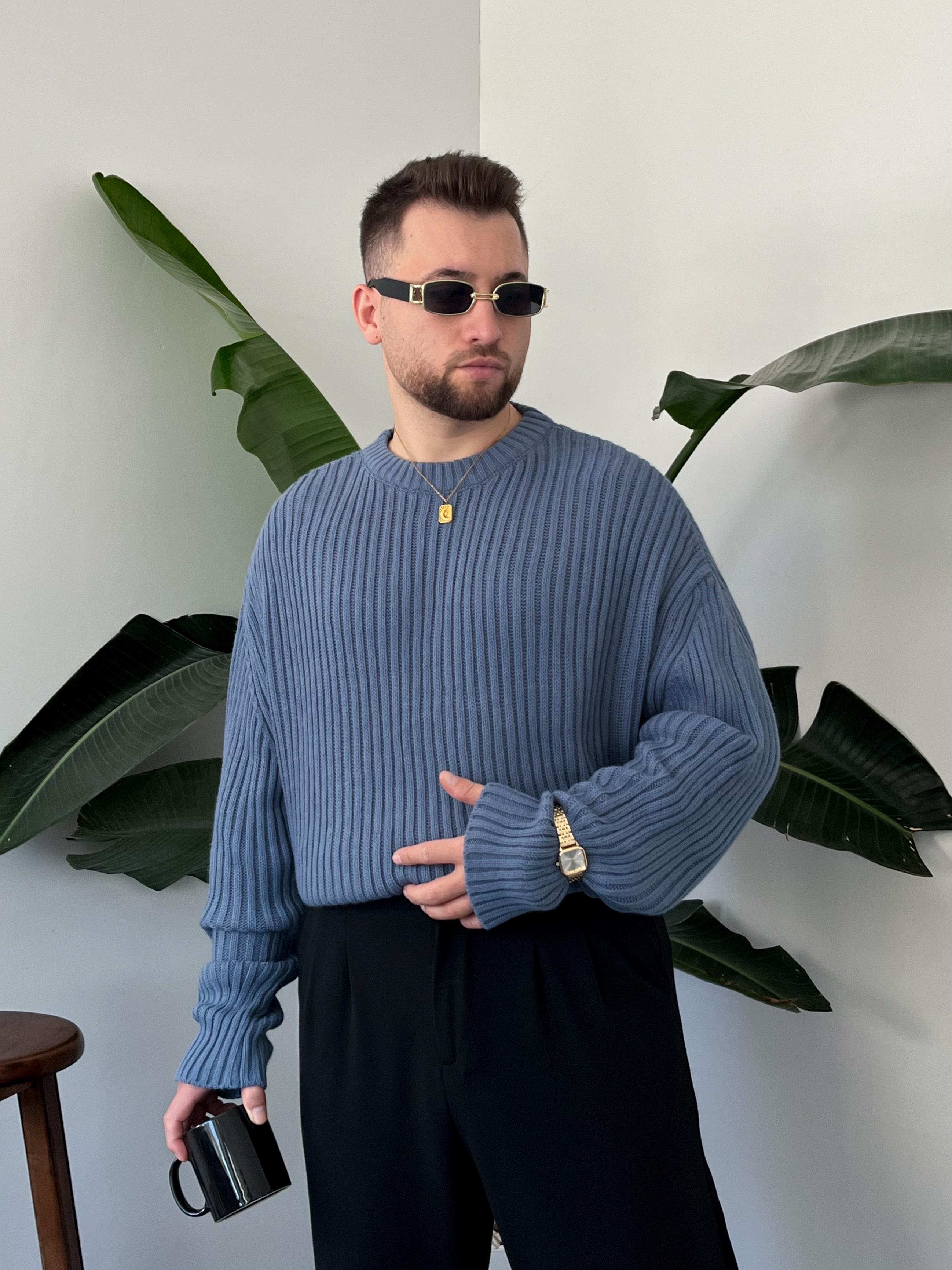 İndigo Extra Dolgulu Oversize Örgü Kazak