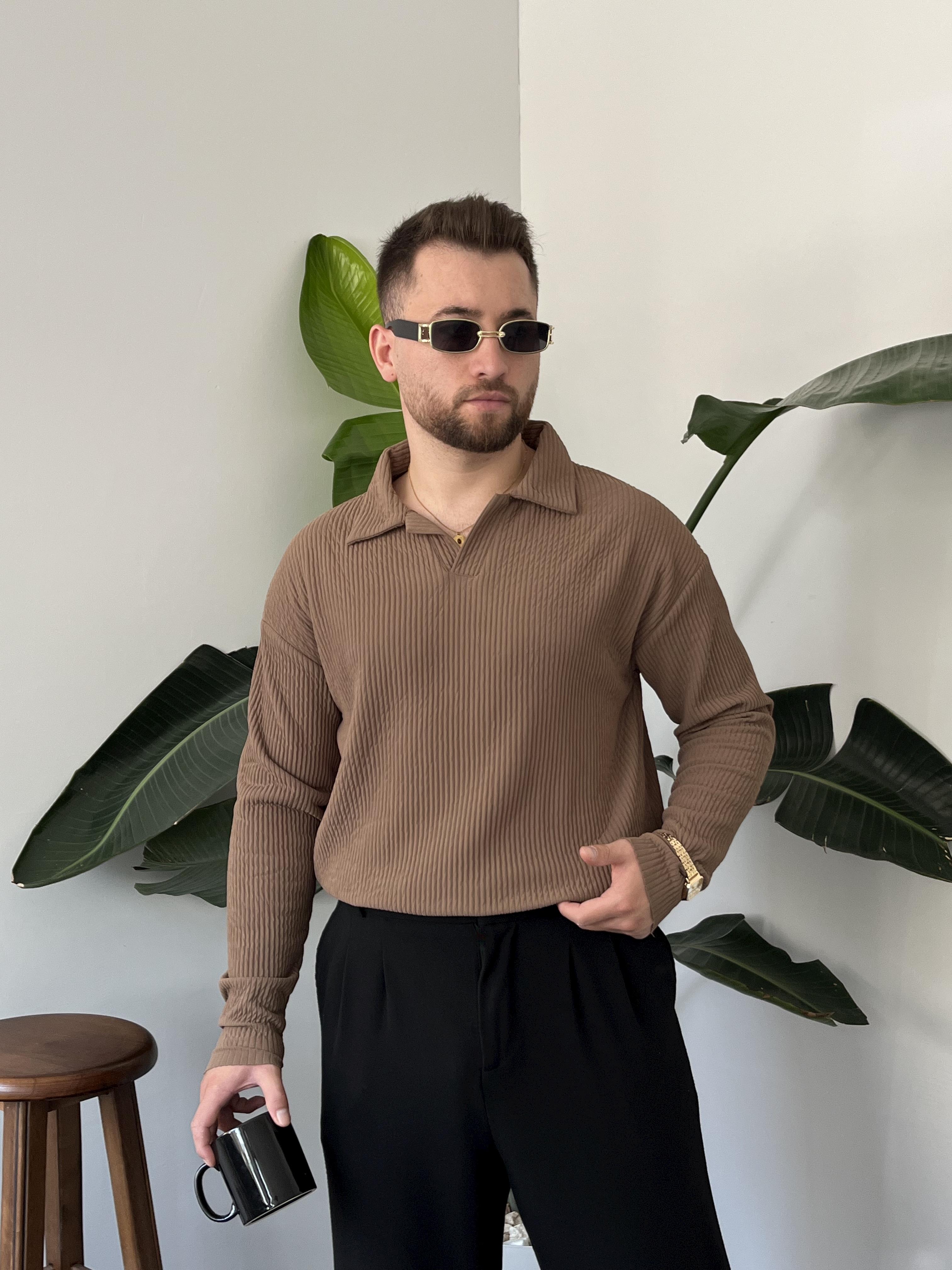 Kahve Fitilli Polo Yaka Triko Sweat