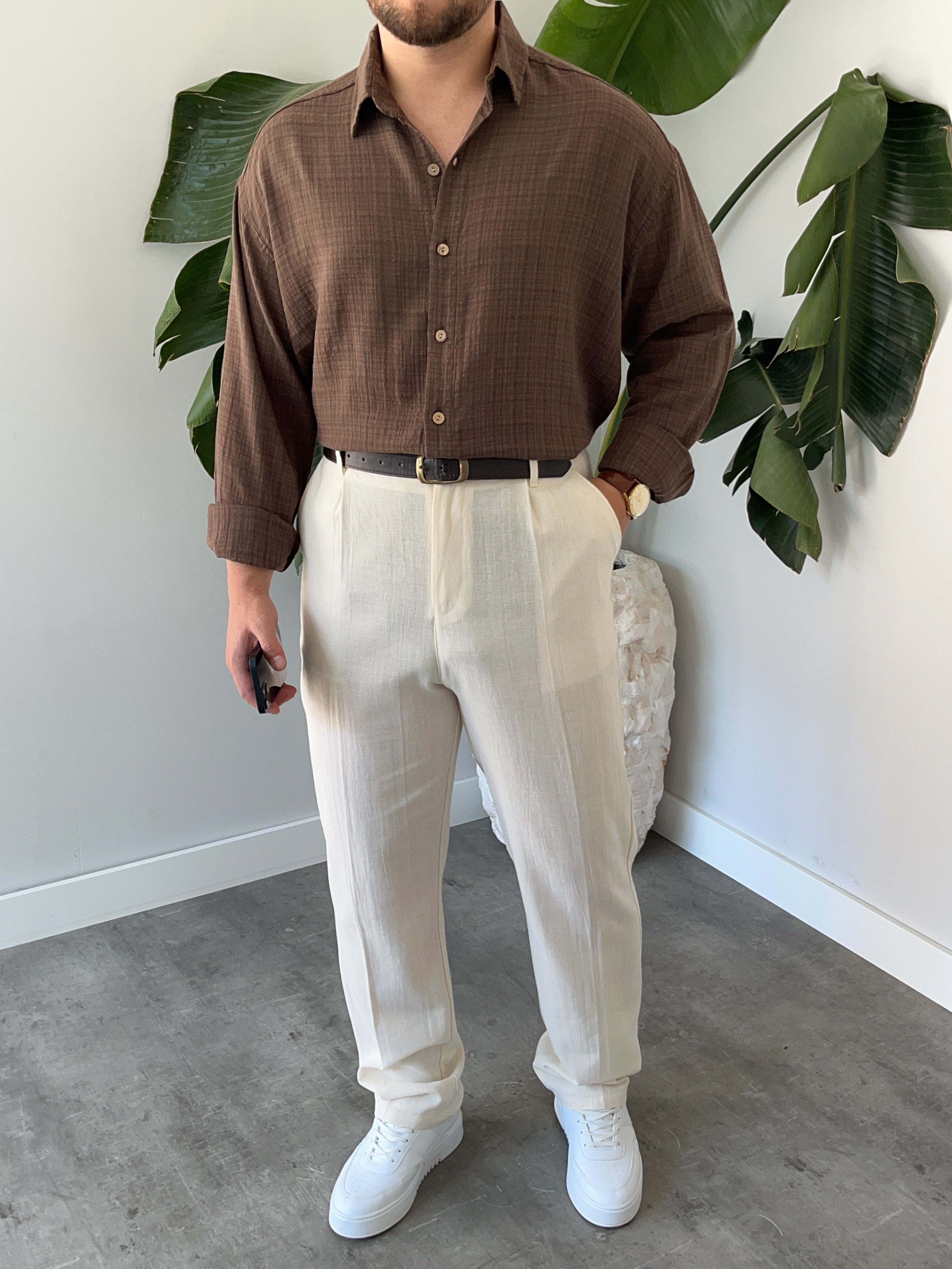 Kahverengi Gofre Keten Oversize Gömlek