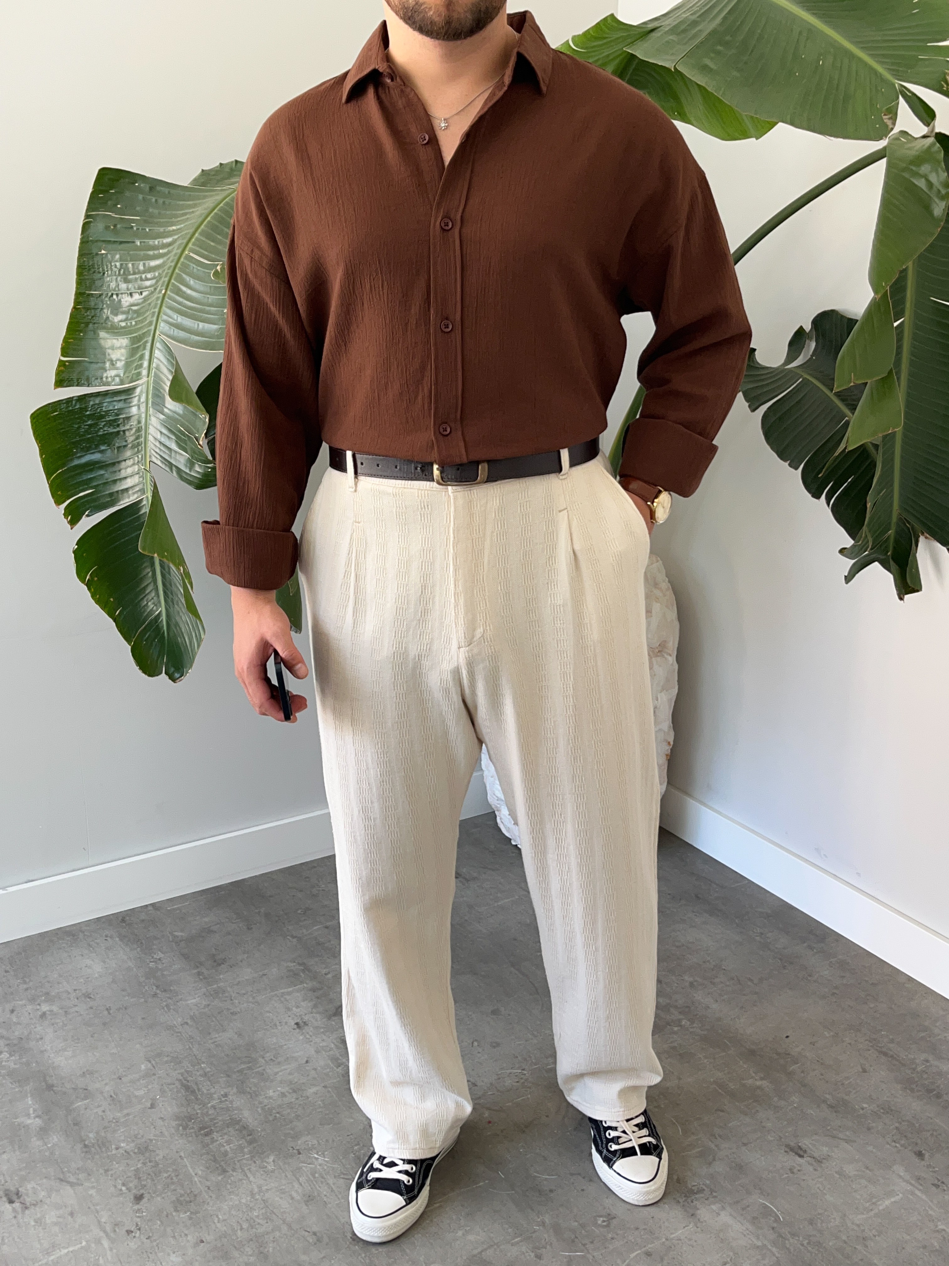 Kahverengi Krinkıl Oversize Gömlek