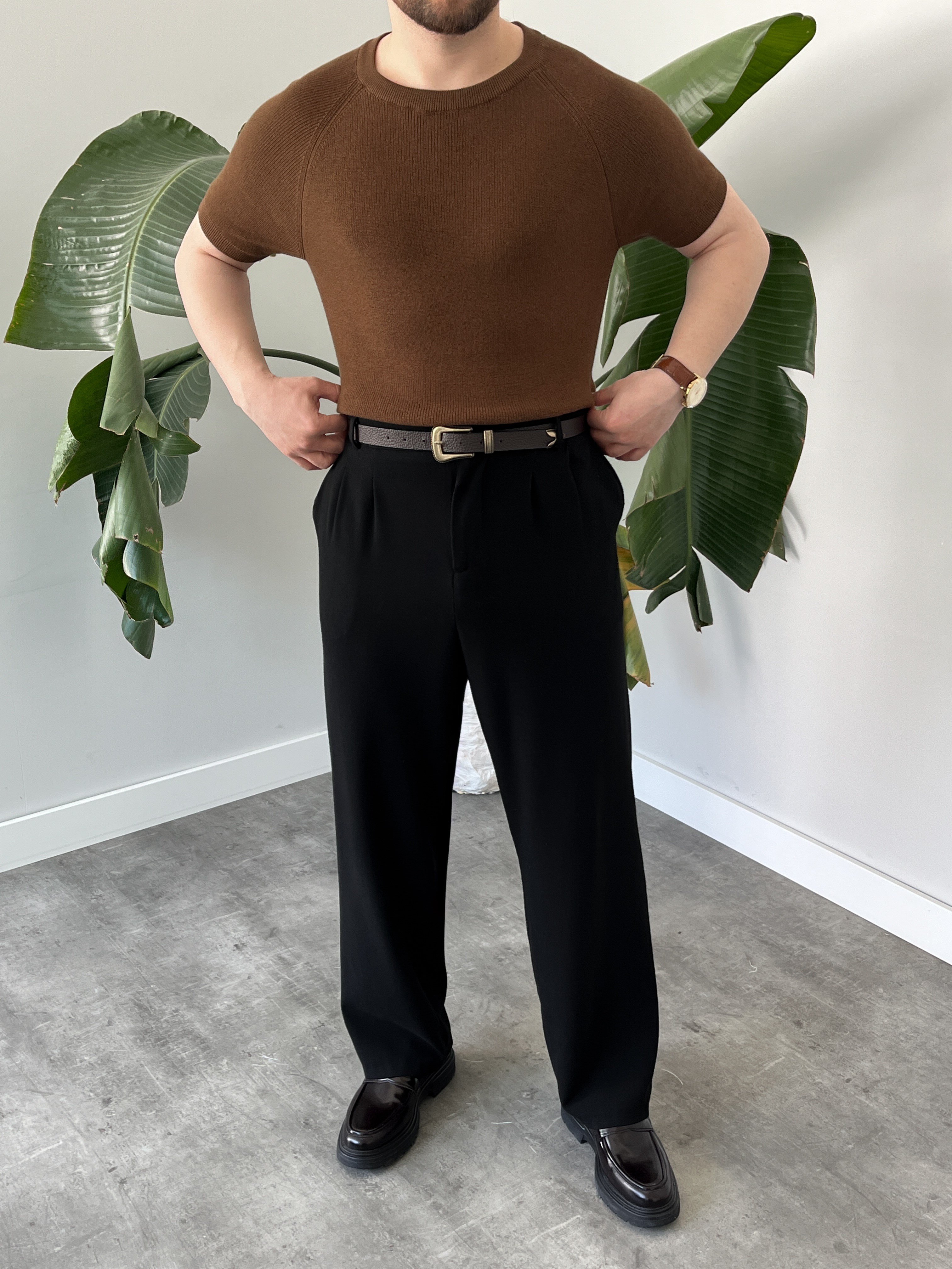 Kahverengi Raglan Detay Basic Triko