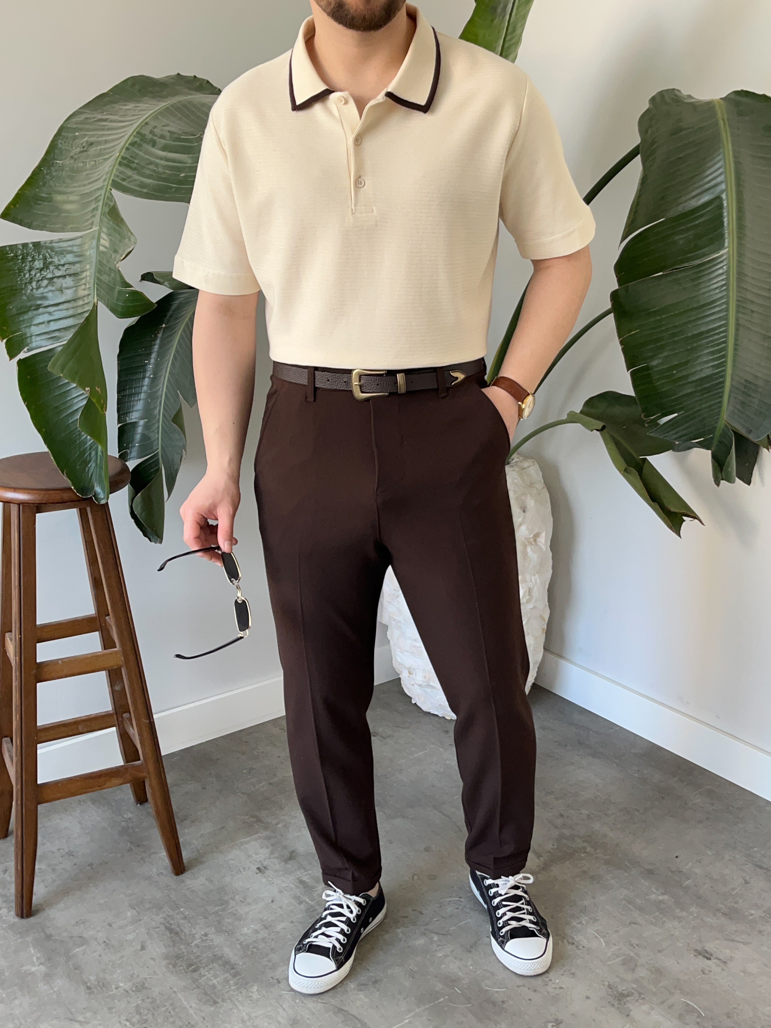 Krem Çizgi Detay Polo Yaka Triko T-shirt