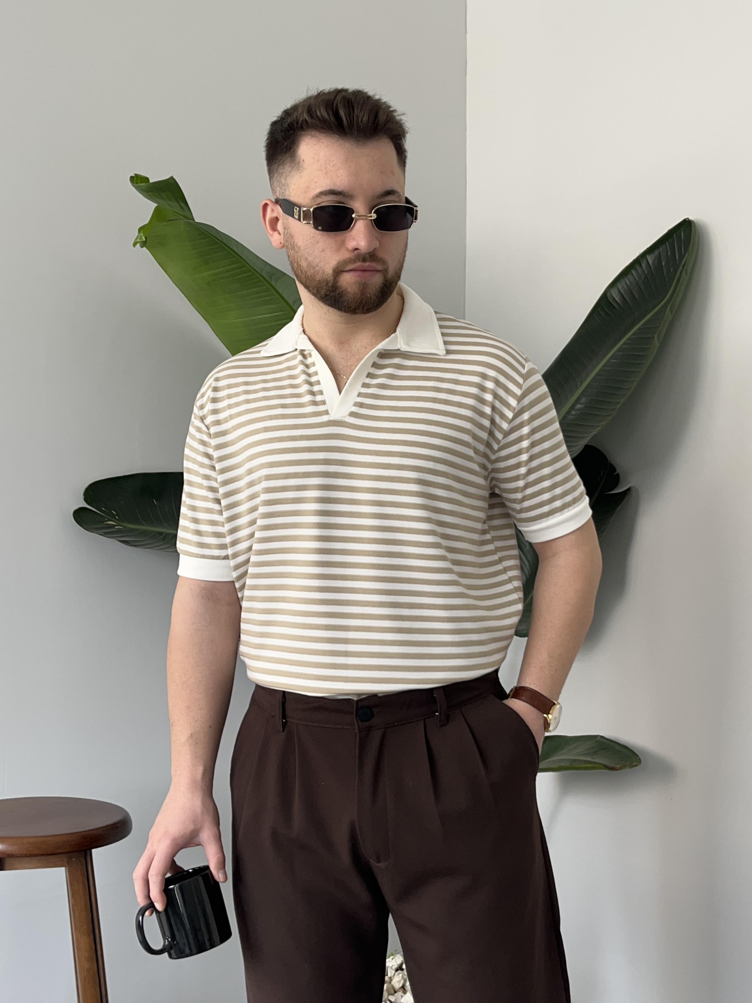 Krem Çizgili Polo Yaka Triko T-shirt
