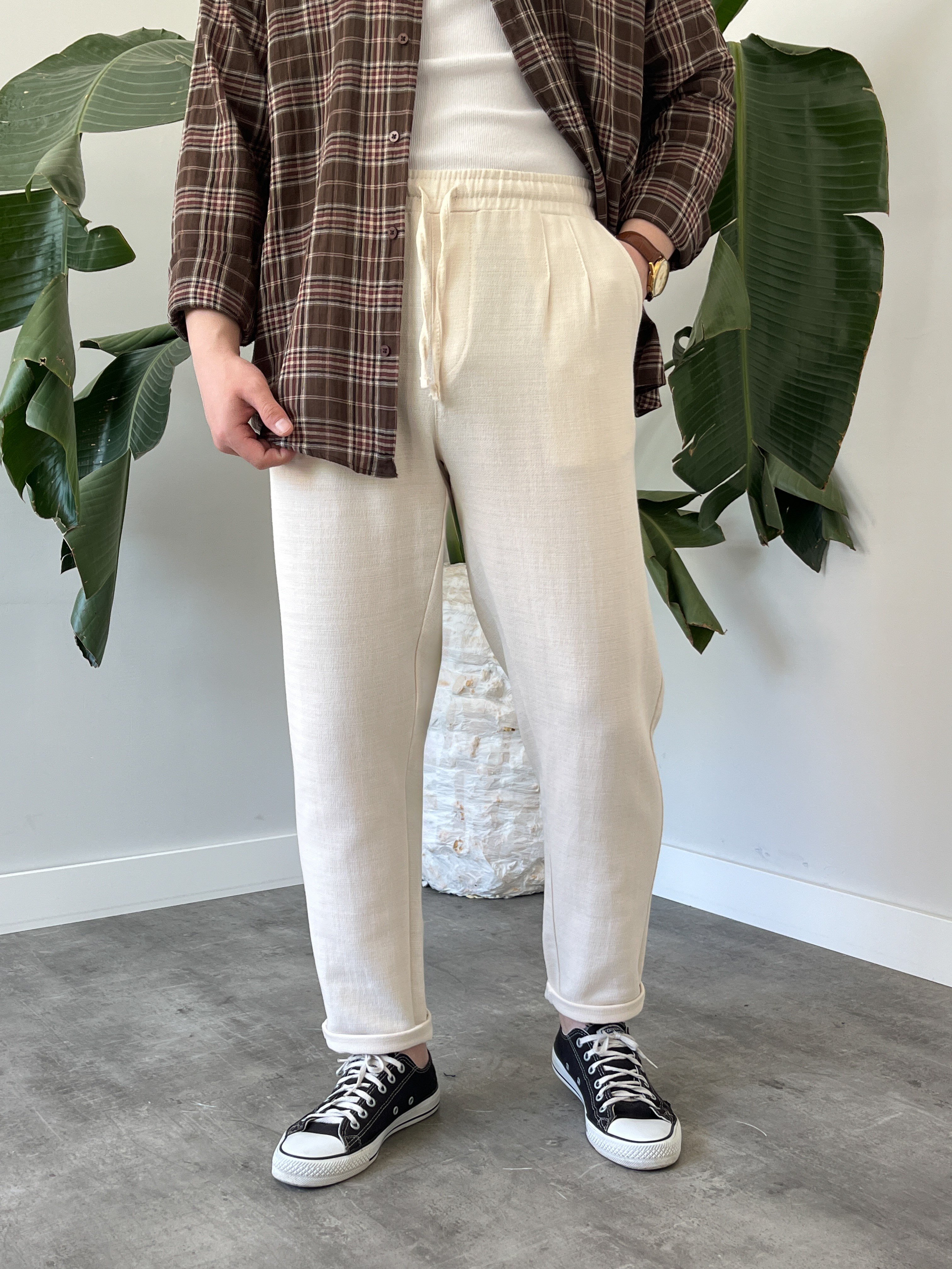 Krem Duble Paça Keten Boyfriend Pantolon