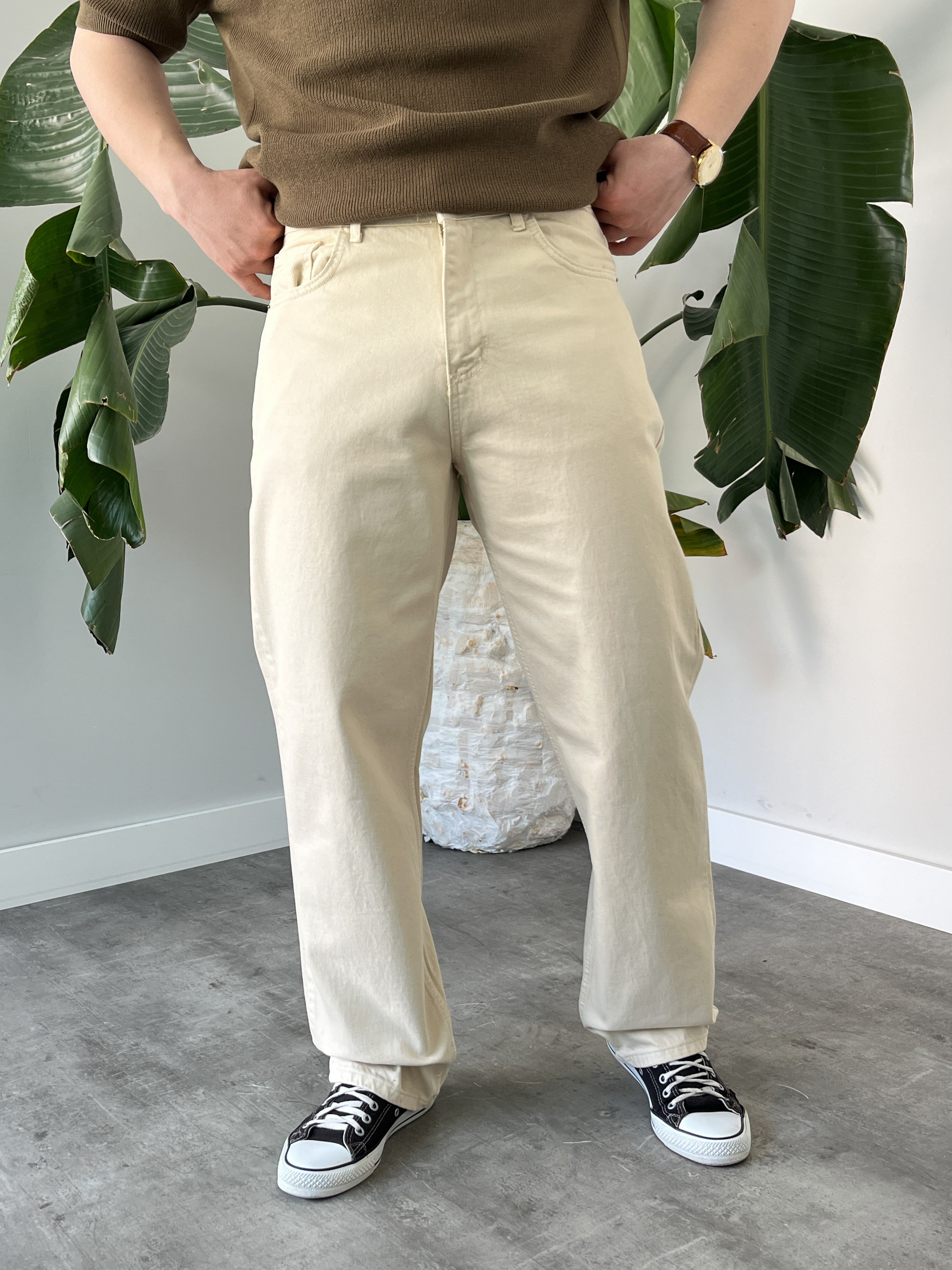 Krem Kanvas Baggy Jean