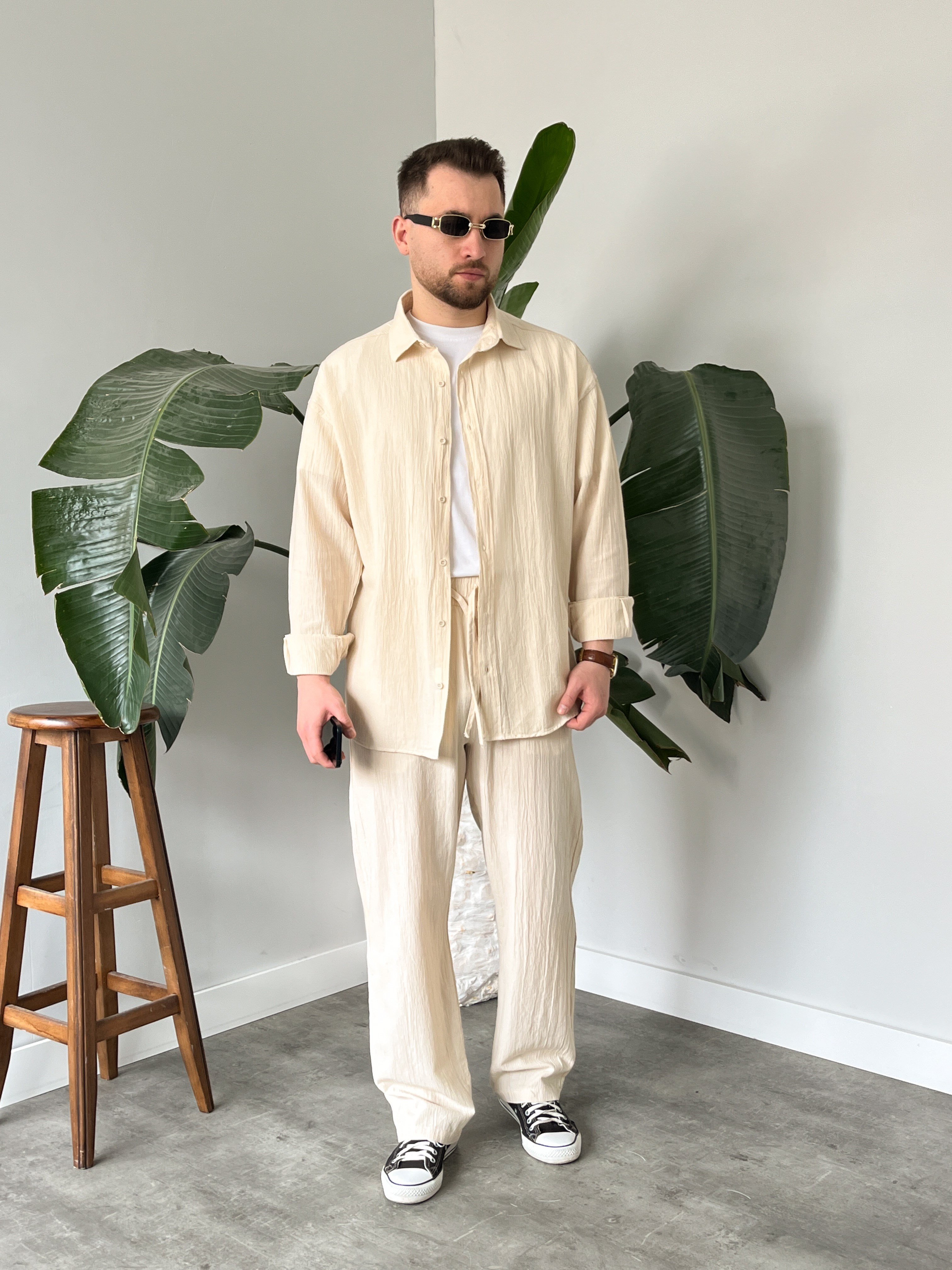Krem Krinkıl Keten Oversize Takım
