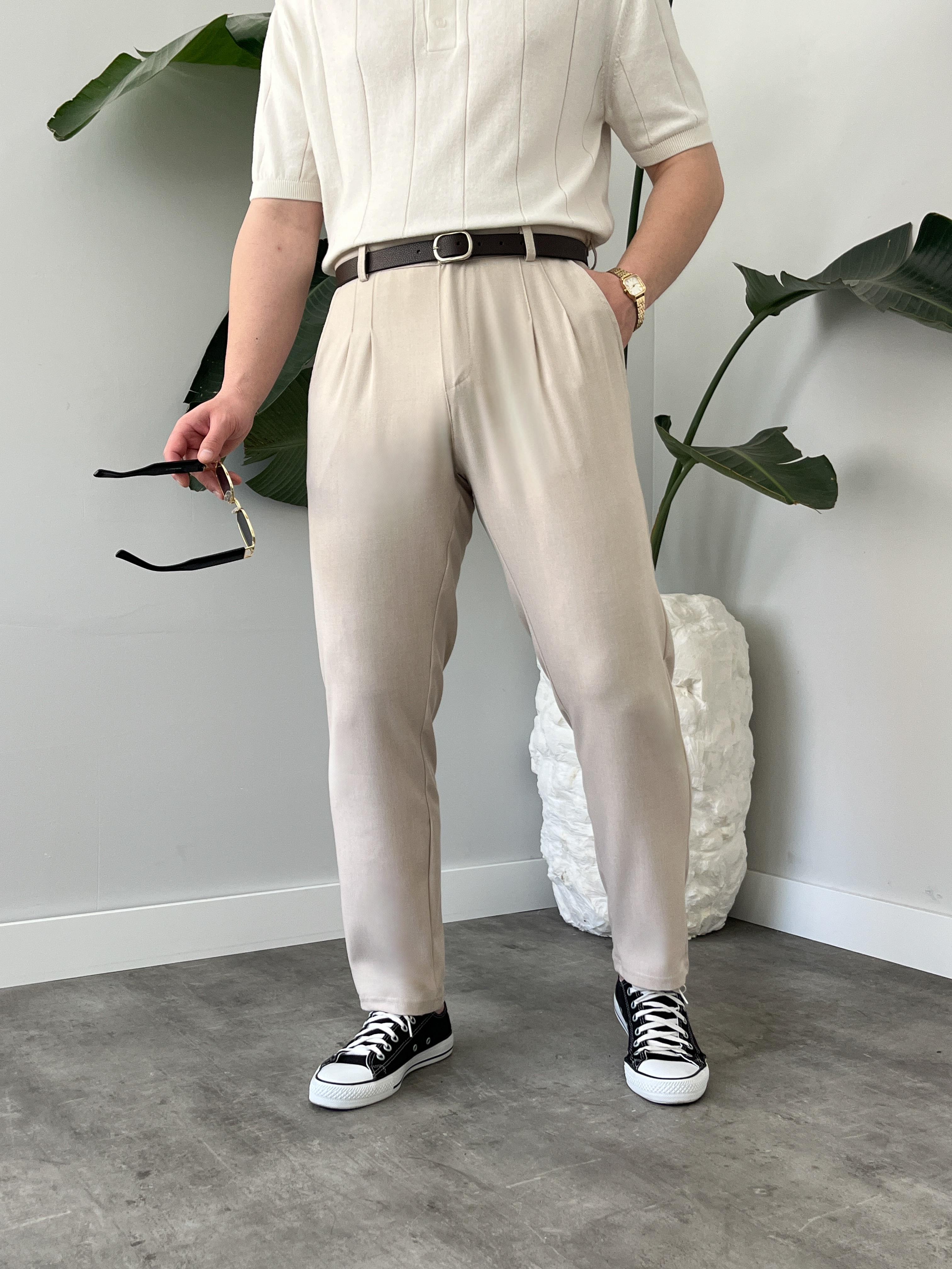 Krem Pileli Boyfriend Kumaş Pantolon