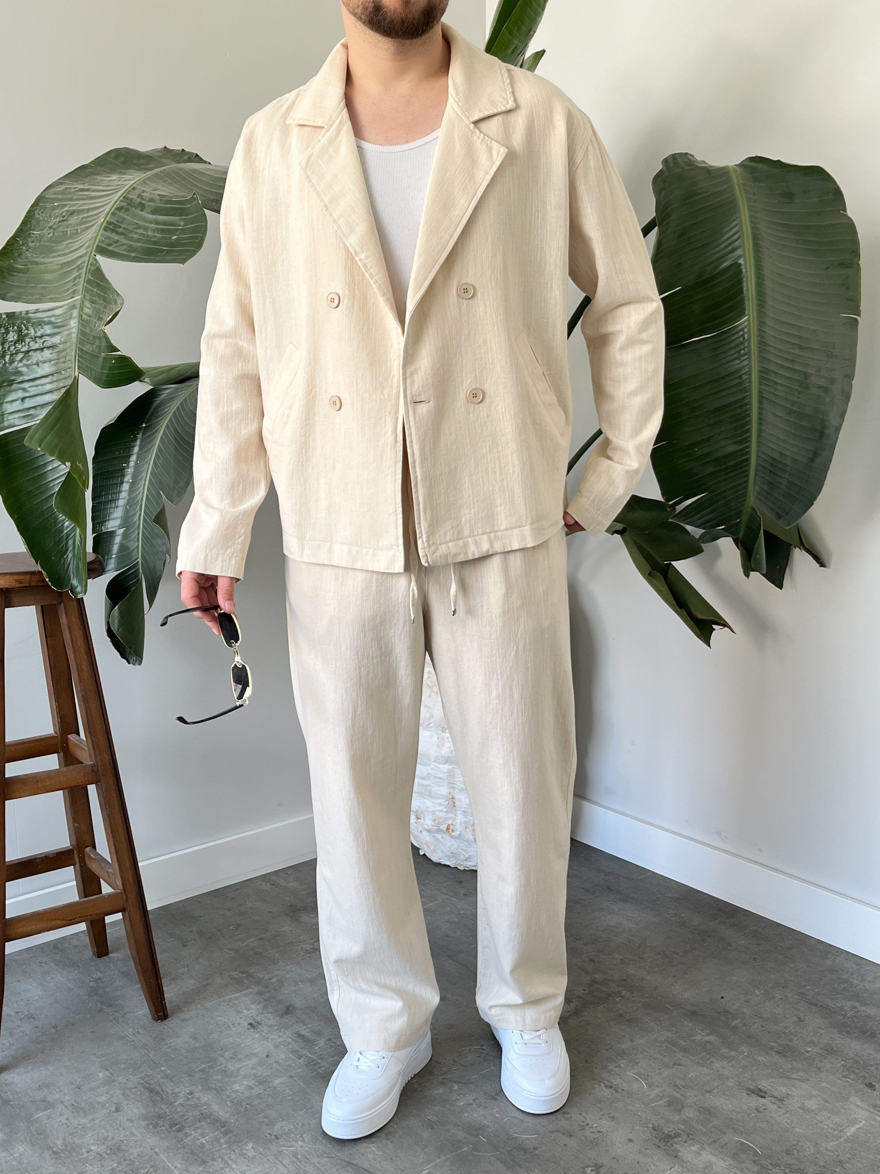 Krem Premium Keten Oversize Kruvaze Takım