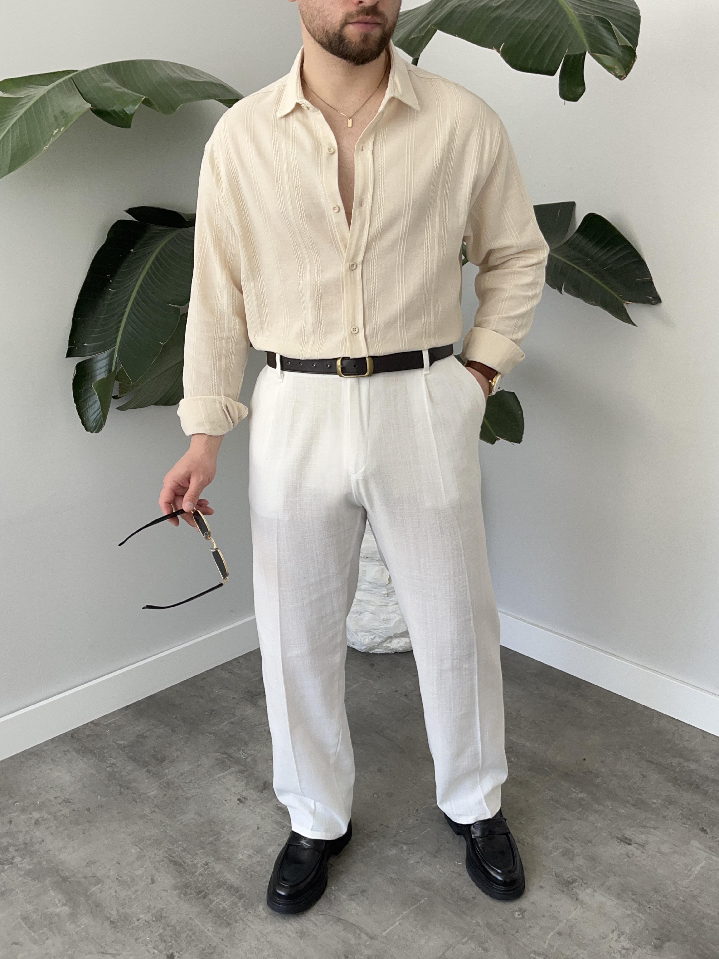 Krem Zincir Desen Oversize Keten Gömlek