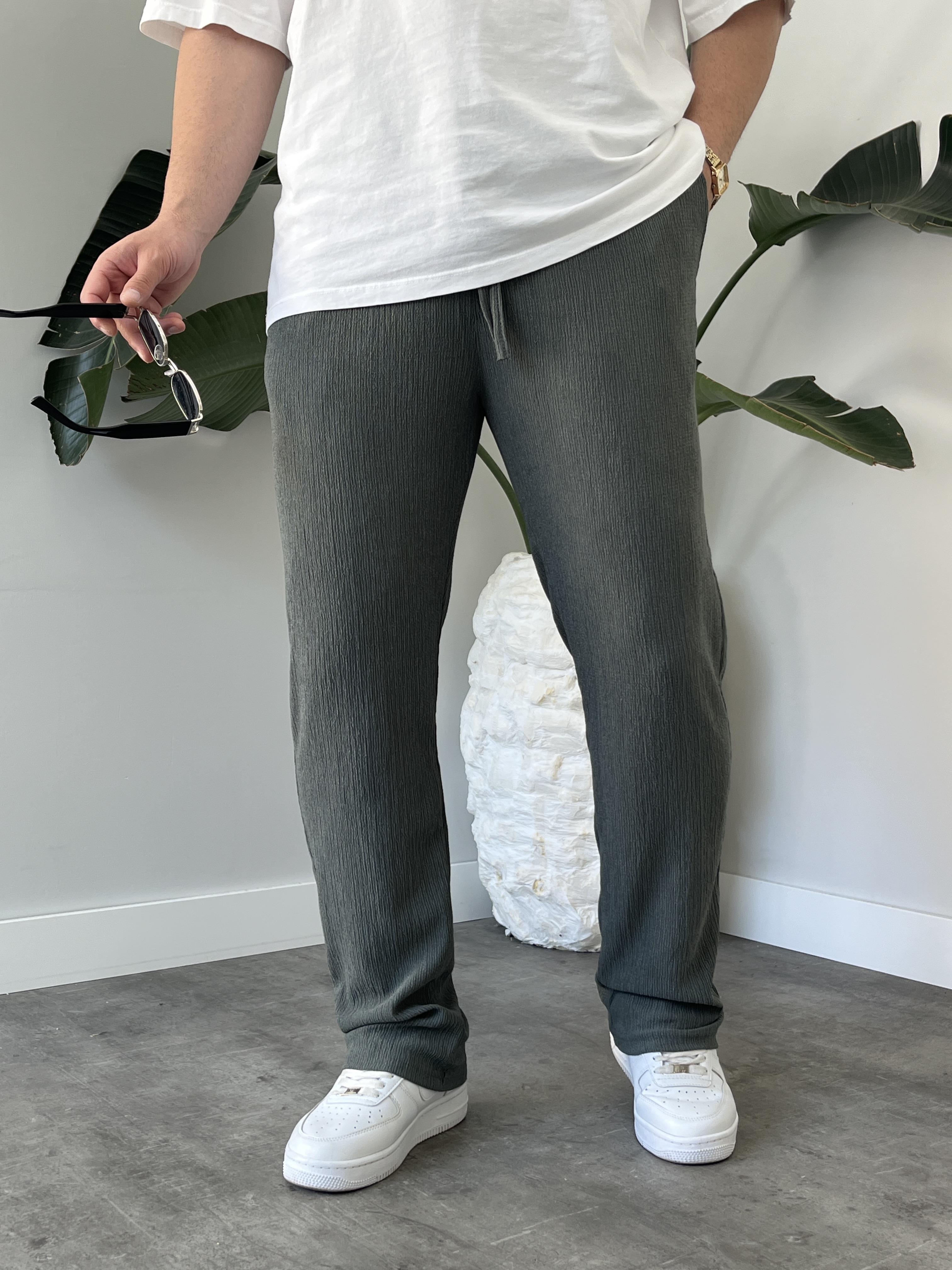 Küf Yeşili Krinkıl Kumaş Relax Fit Pantolon