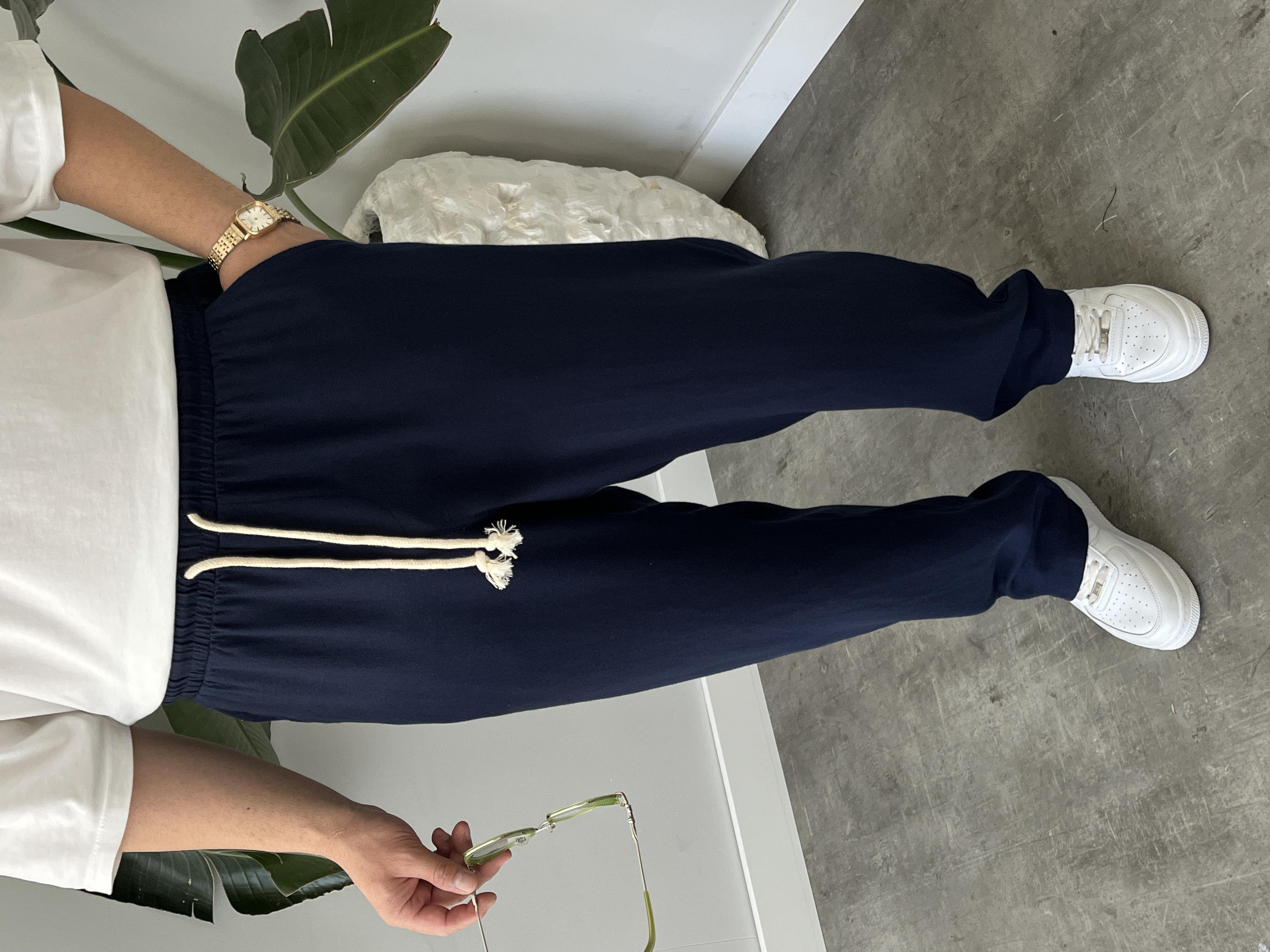 Lacivert Burgu Bağcık Detaylı Pamuk Keten Relax Fit Pantolon