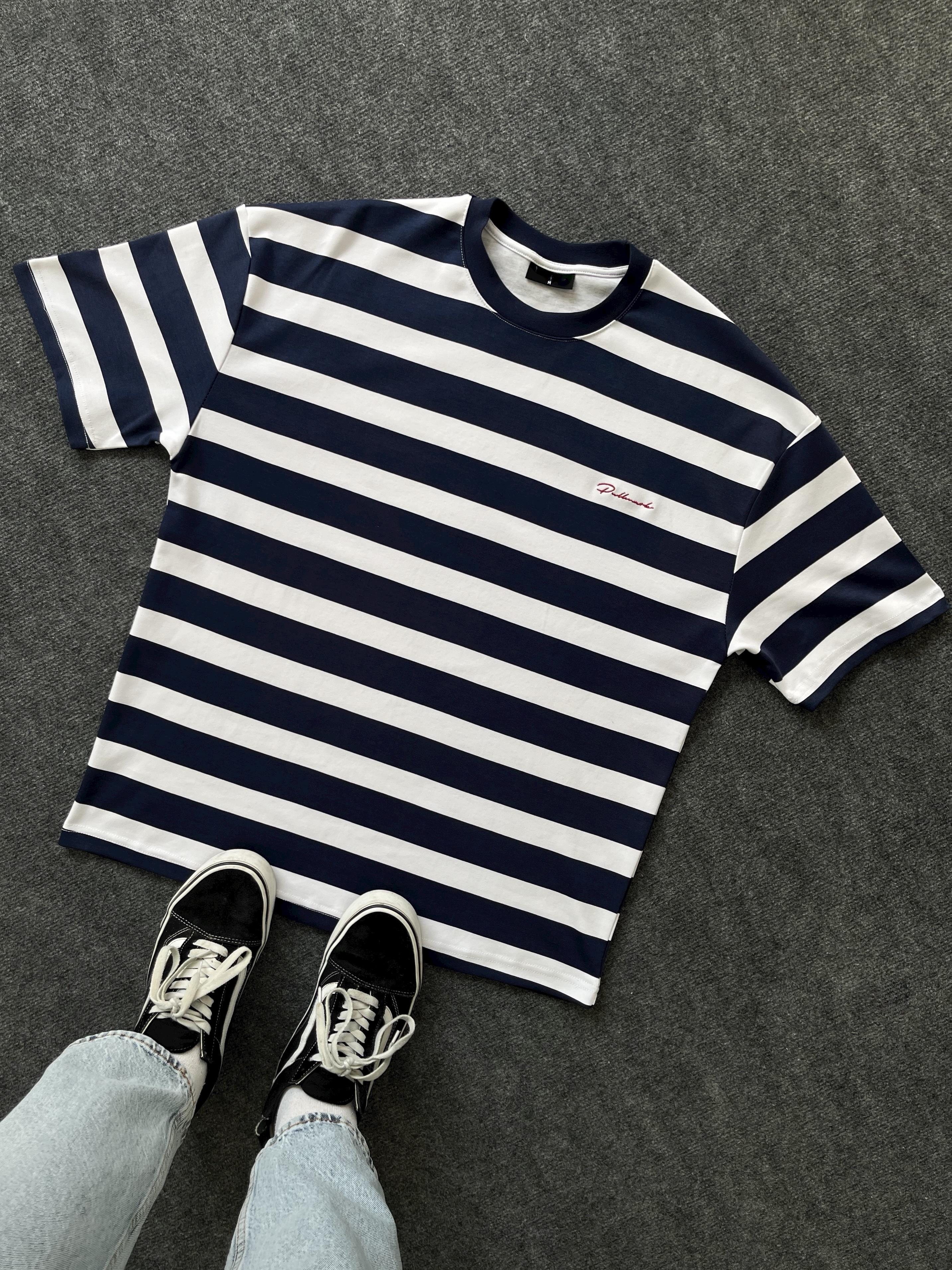 Lacivert Çizgili Nakış Detay Oversize T-shirt