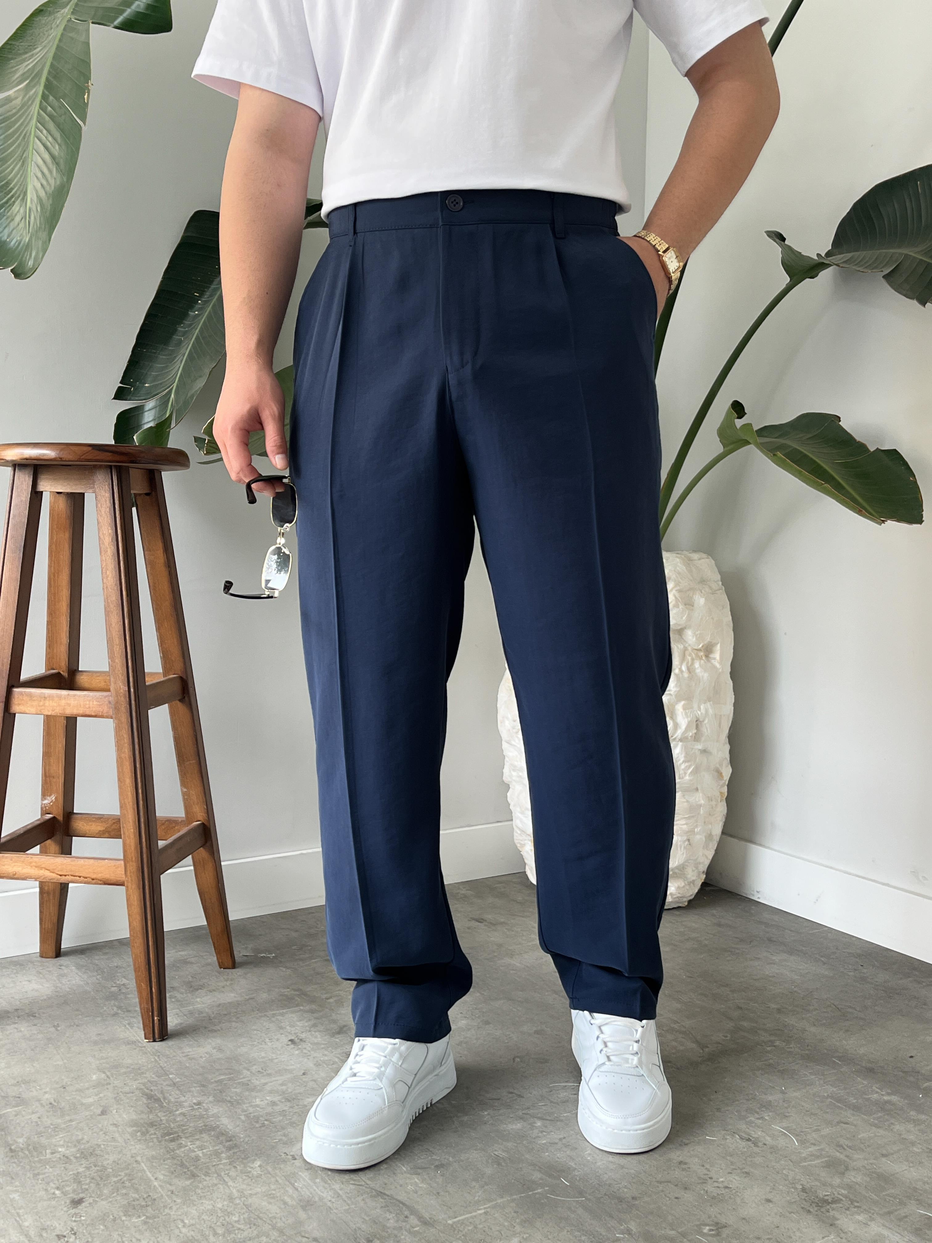 Lacivert Deluxe Pileli Modal Kumaş Baggy Pantolon