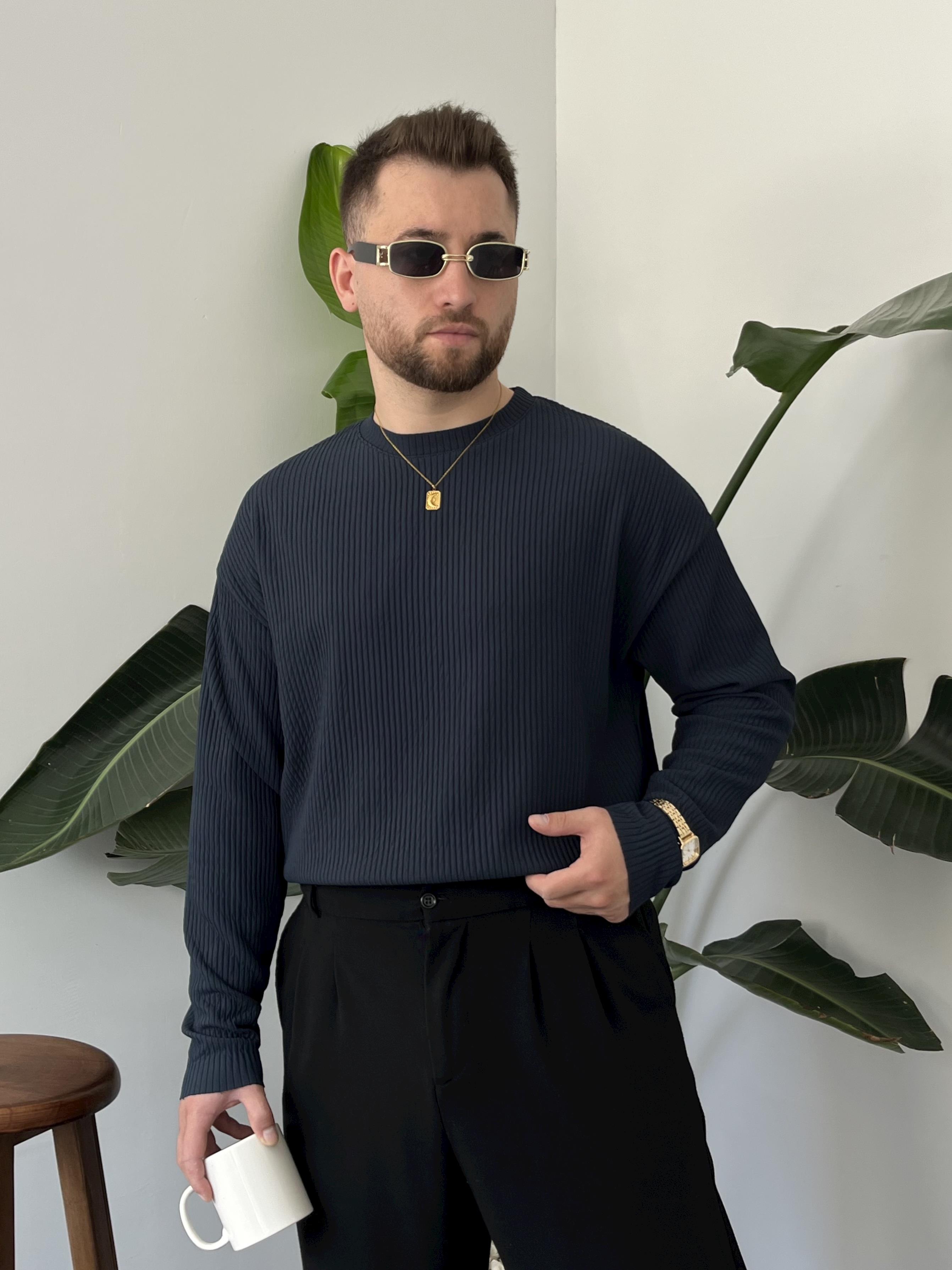 Lacivert Fitilli Bisiklet Yaka Triko Sweat