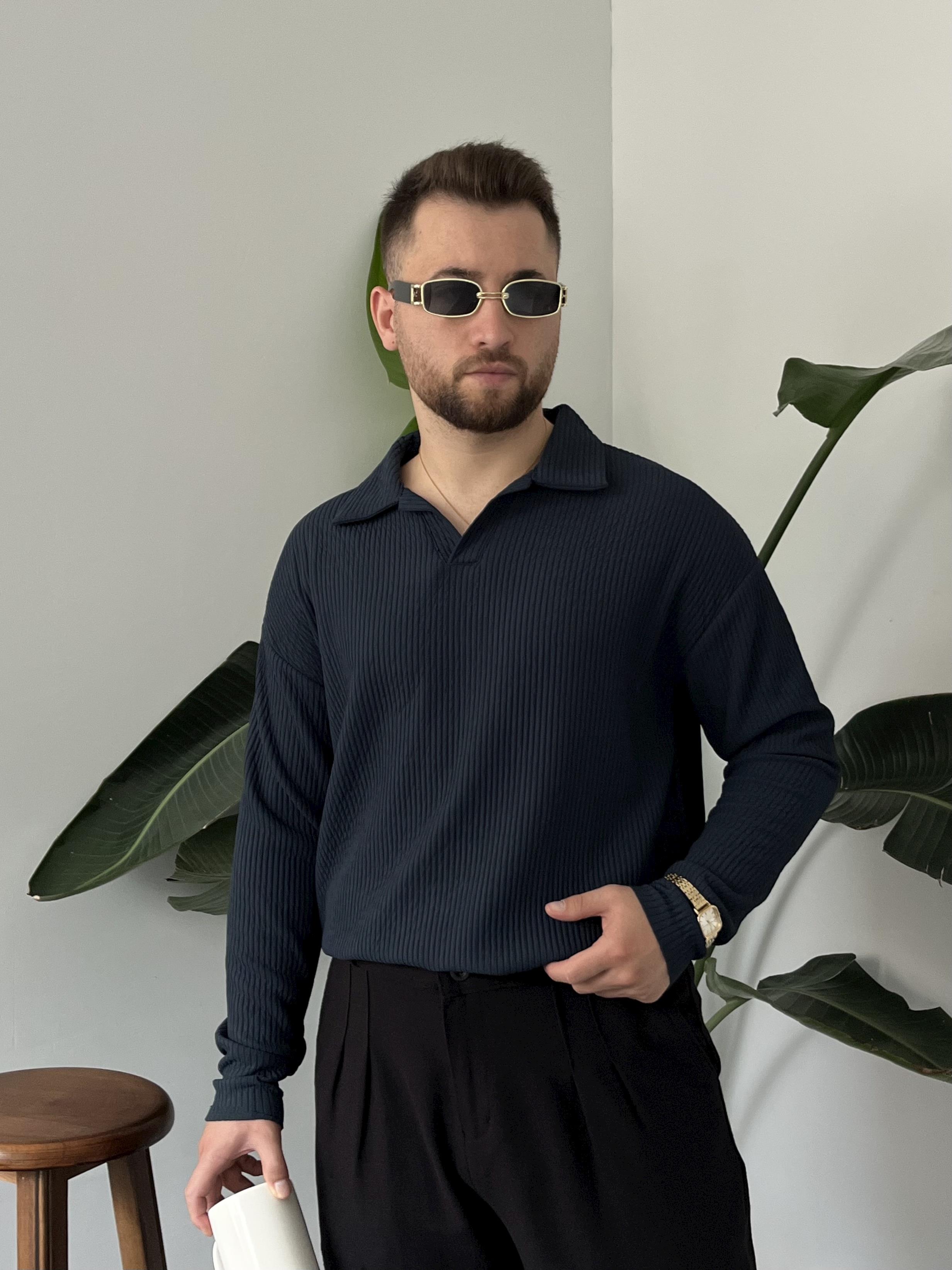 Lacivert Fitilli Polo Yaka Triko Sweat
