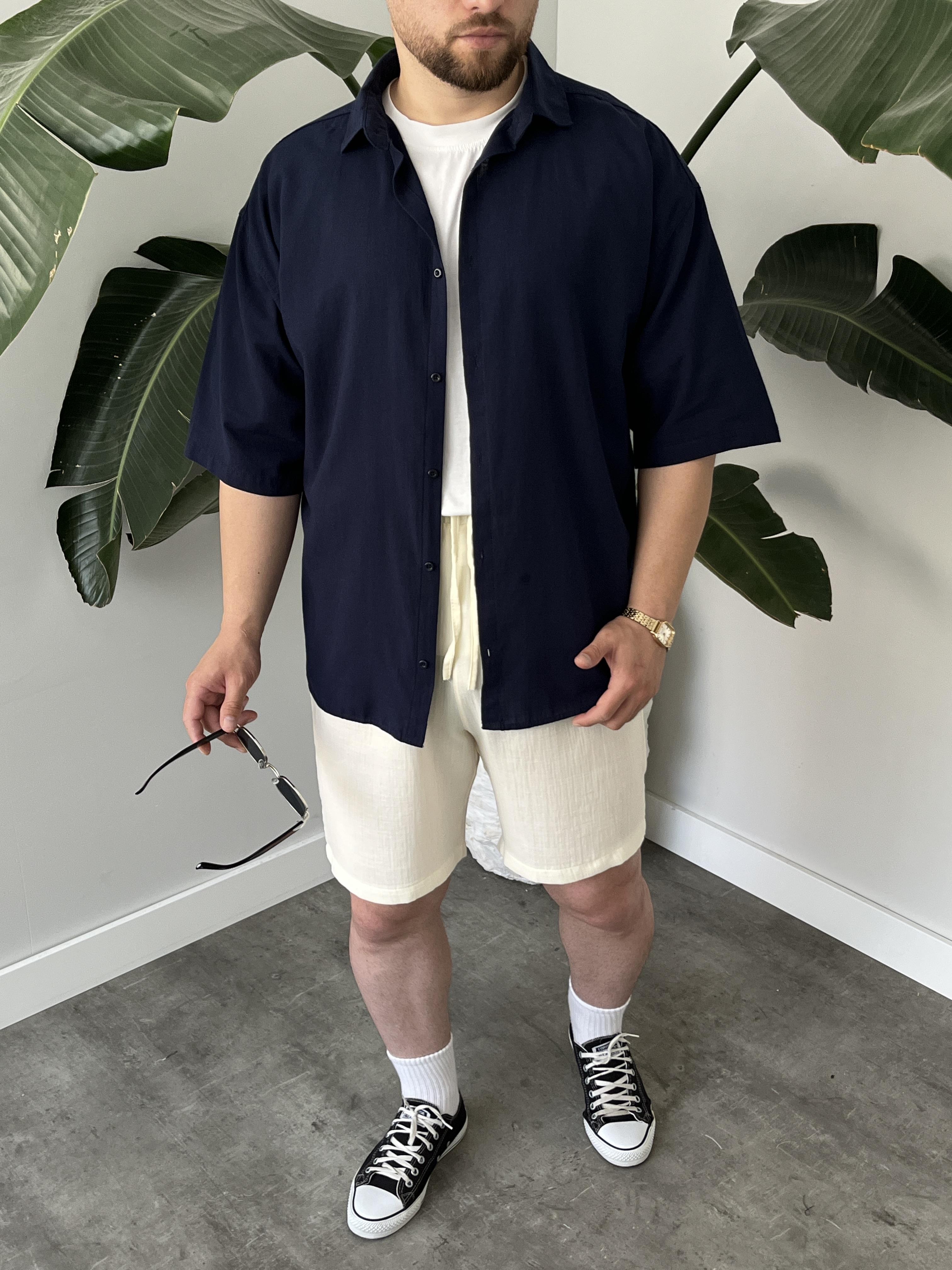 Lacivert Fresh Keten Oversize Gömlek