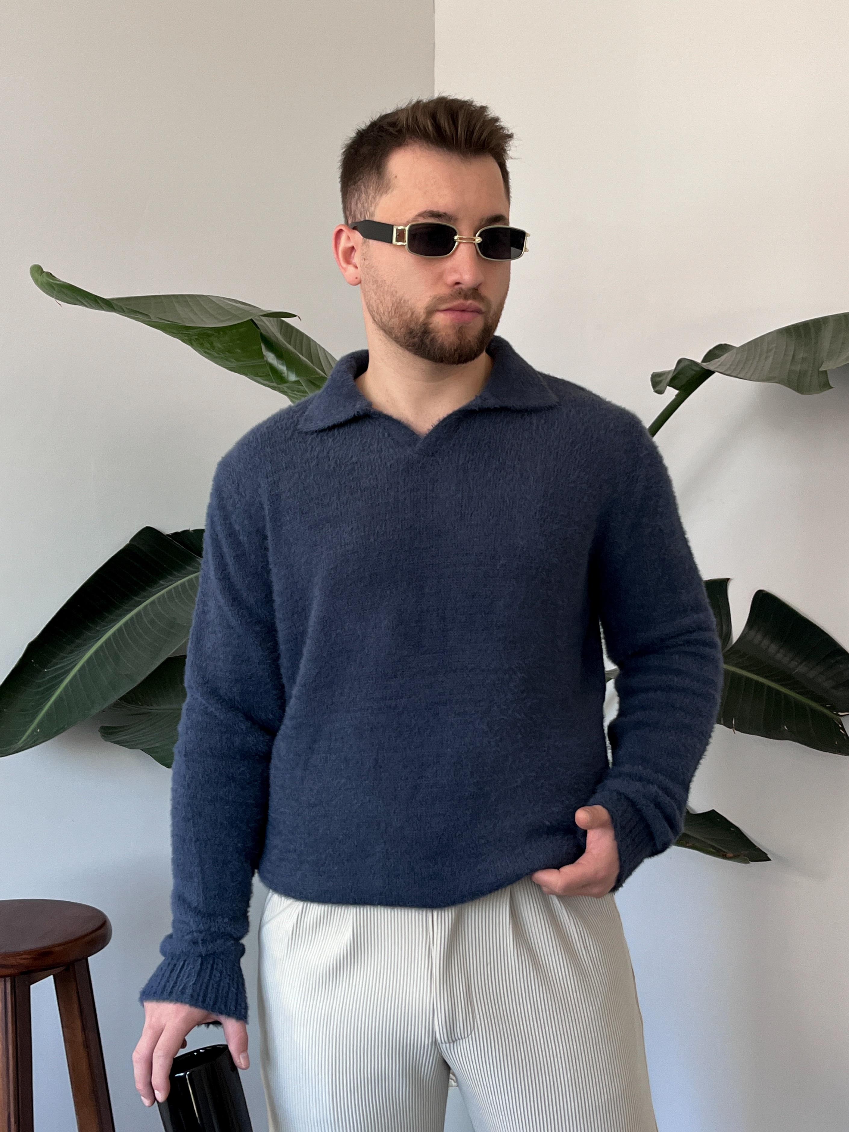 Luxe Lacivert Polo Yaka Fluffy Örgü Kazak