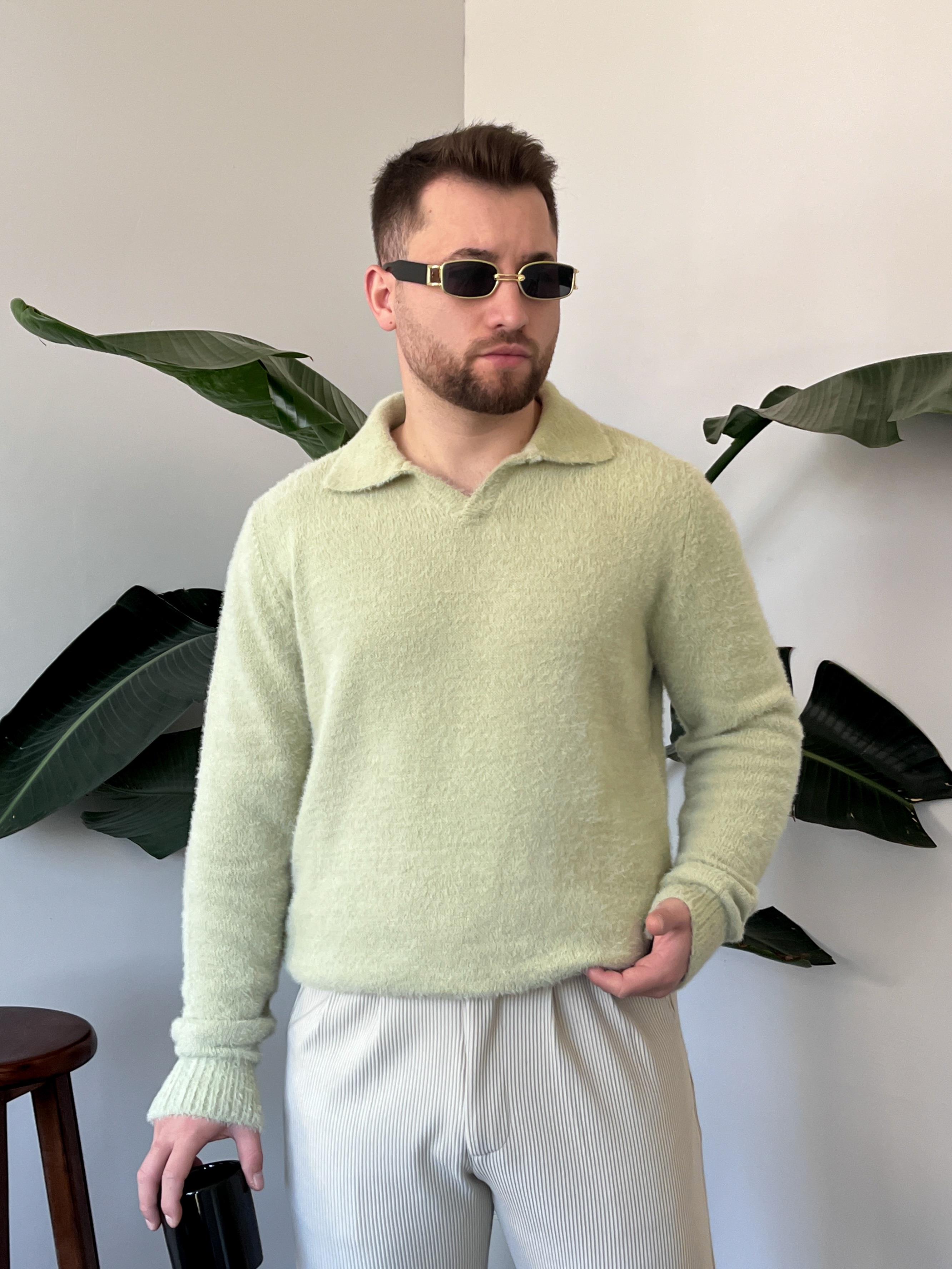 Luxe Yeşil Polo Yaka Fluffy Örgü Kazak