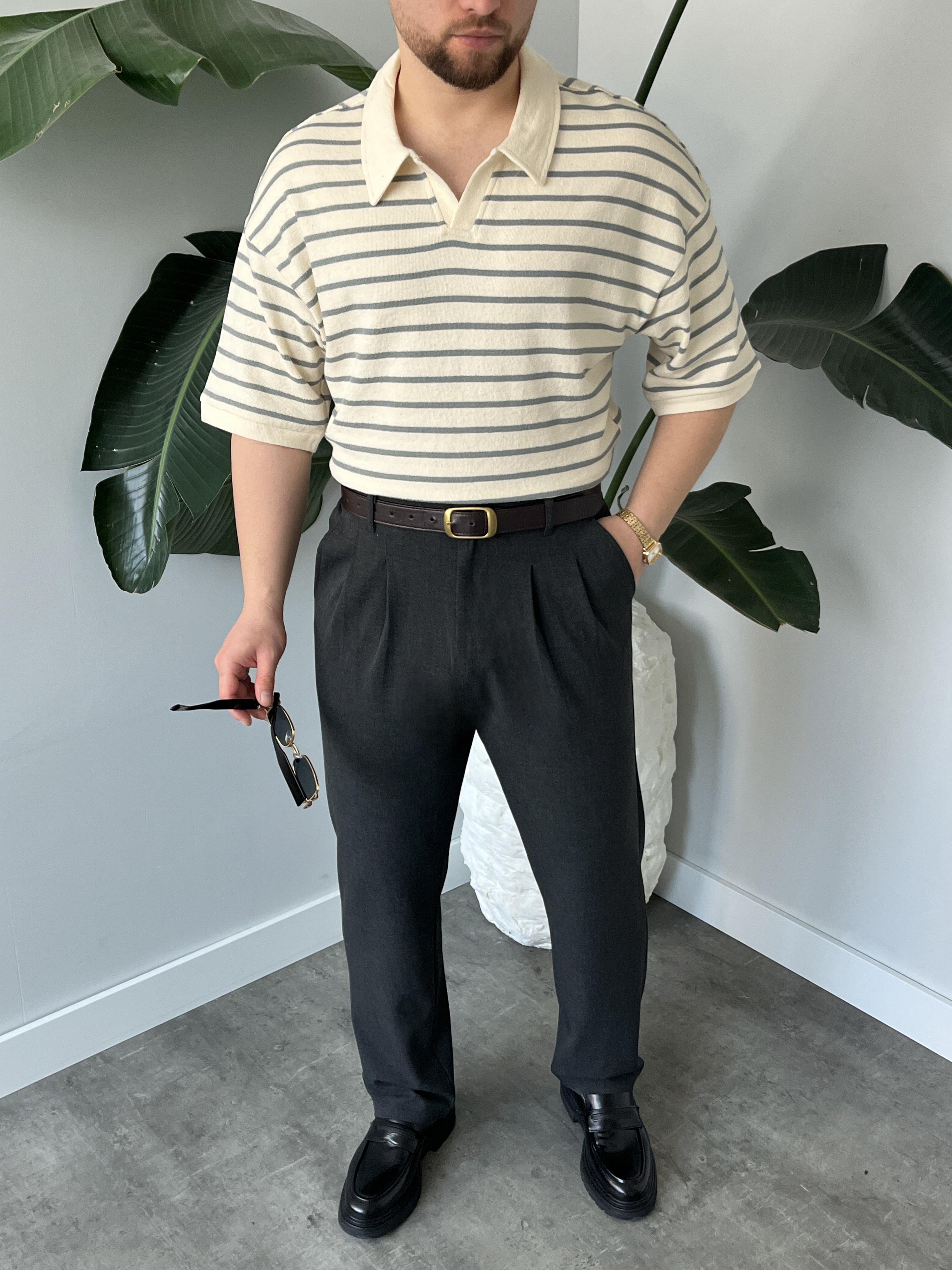 Oslo Gri Çizgili Polo Yaka Oversize T-shirt