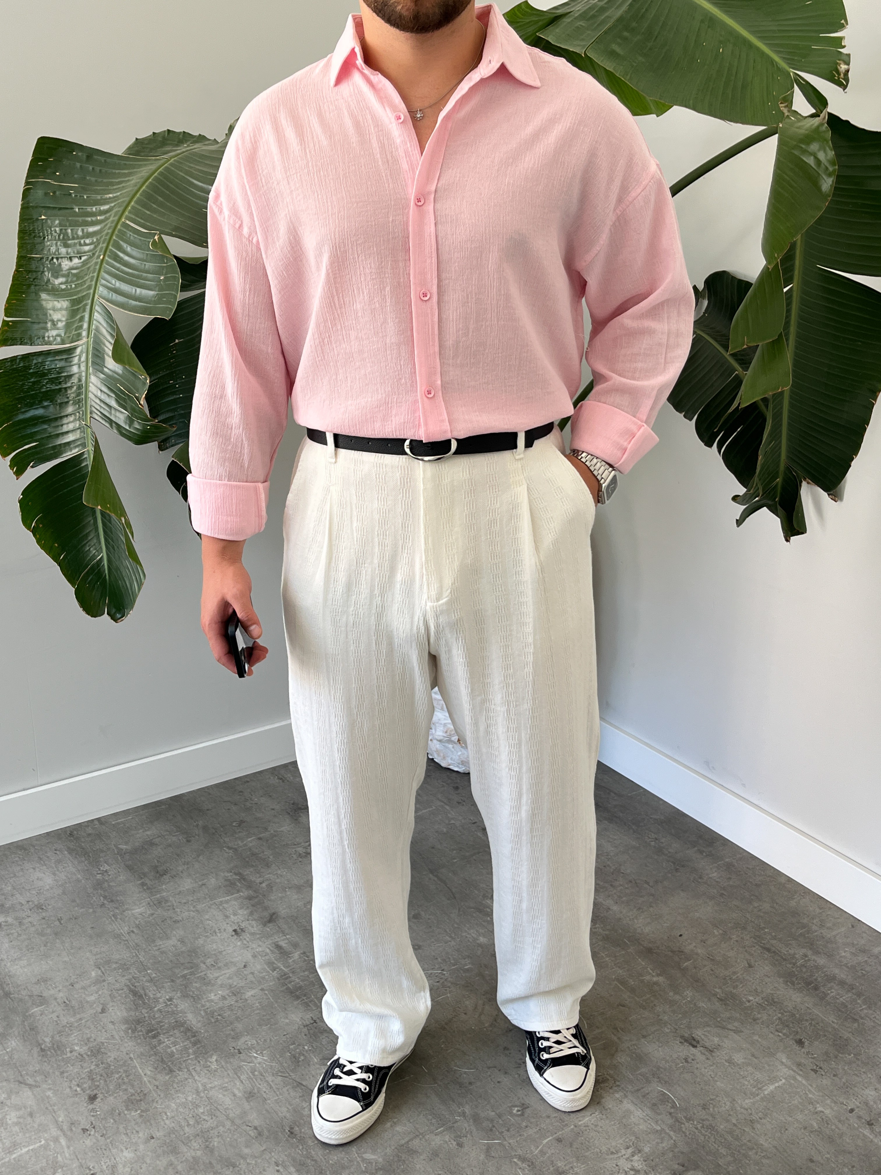 Pembe Krinkıl Oversize Gömlek