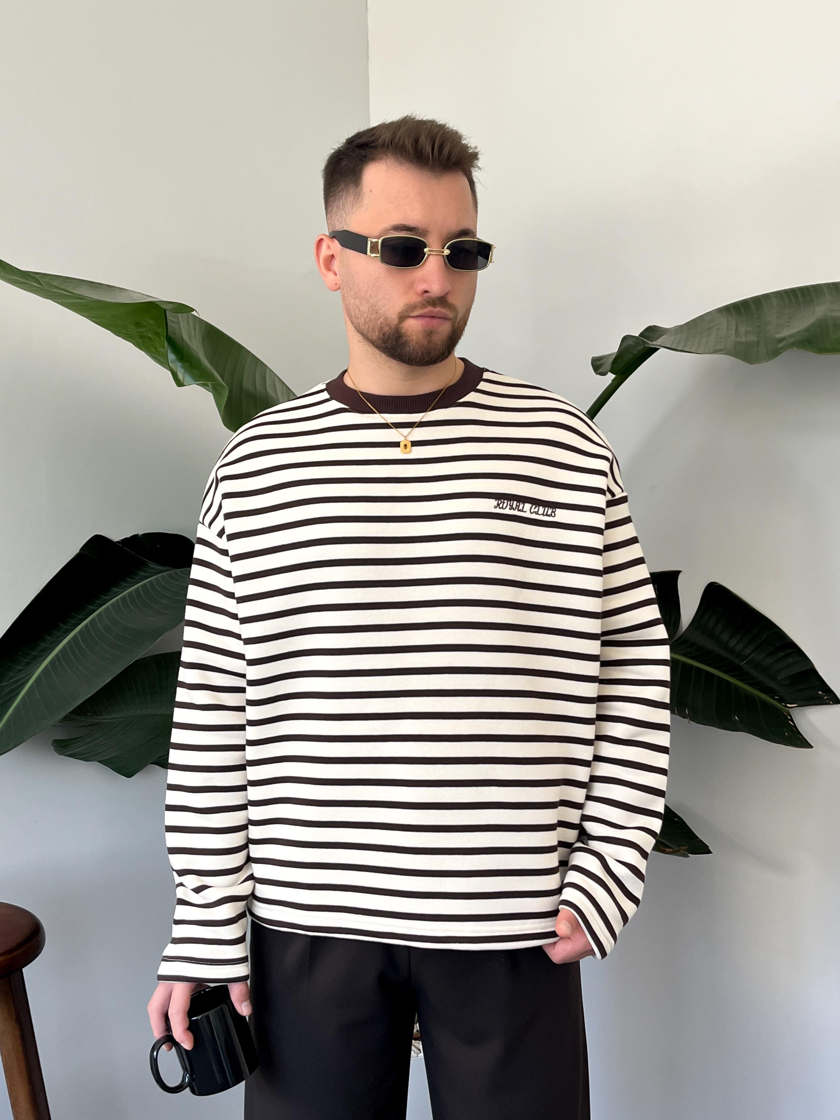 Royal Club Acı Kahve Çizgili Üç İplik Şardonlu Sweatshirt