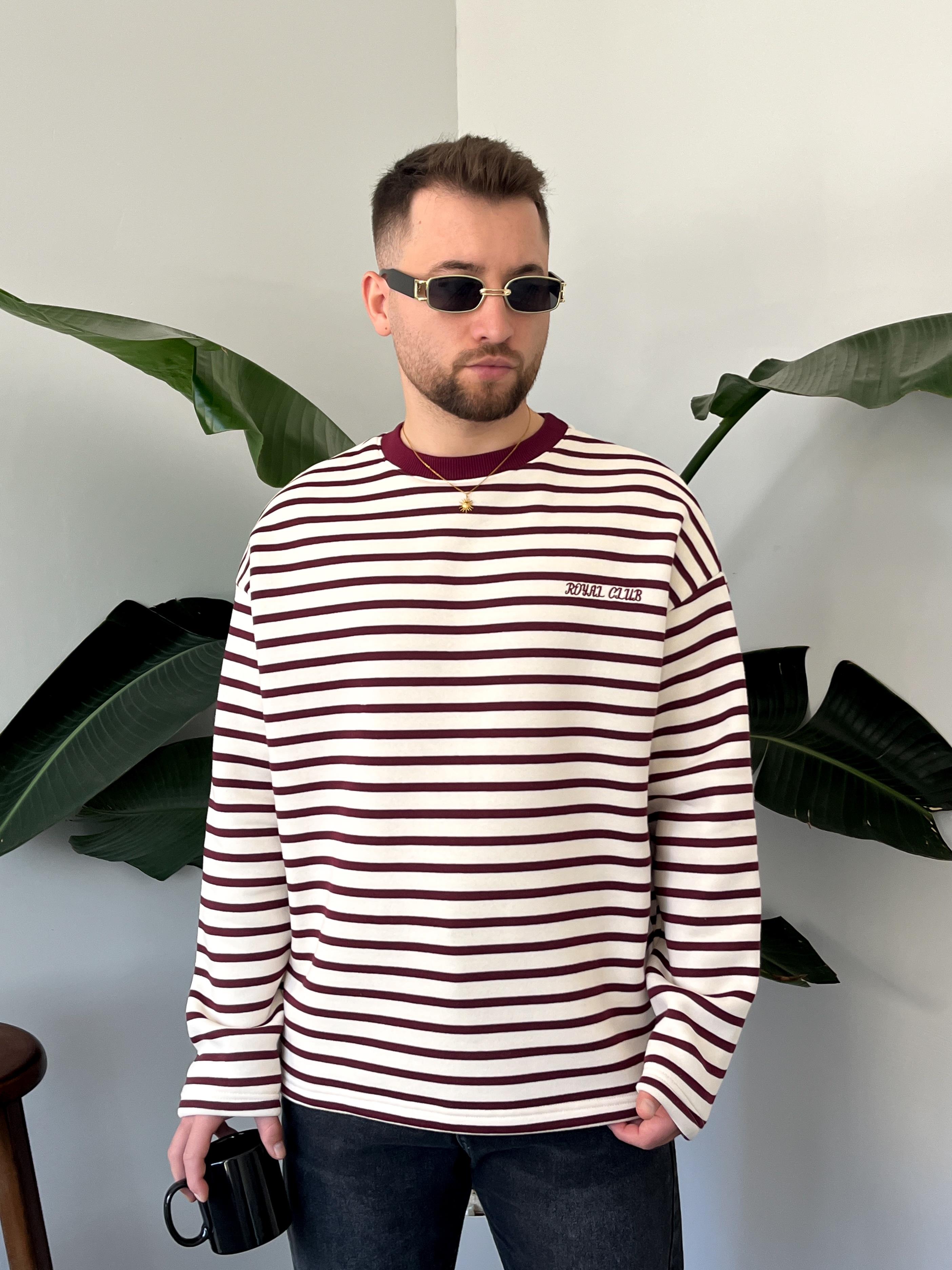 Royal Club Bordo Çizgili Üç İplik Şardonlu Sweatshirt