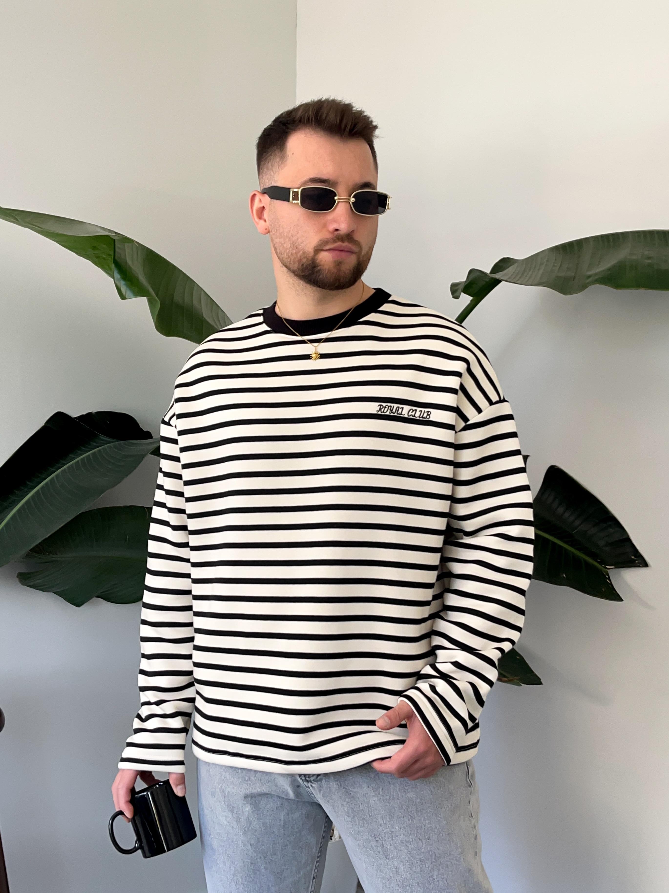 Royal Club Siyah Çizgili Üç İplik Şardonlu Sweatshirt
