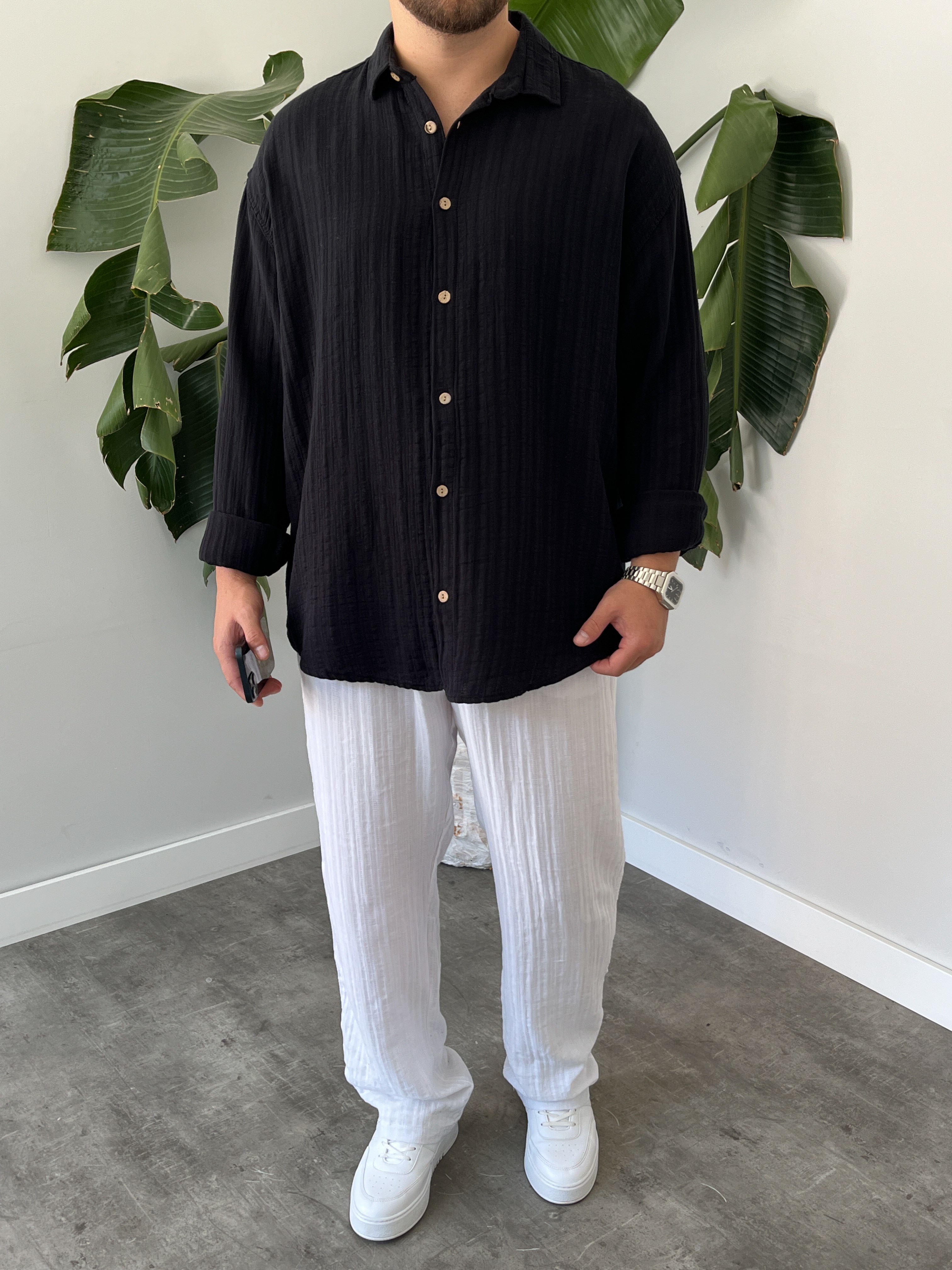 Siyah Armürlü Müslin Oversize Gömlek