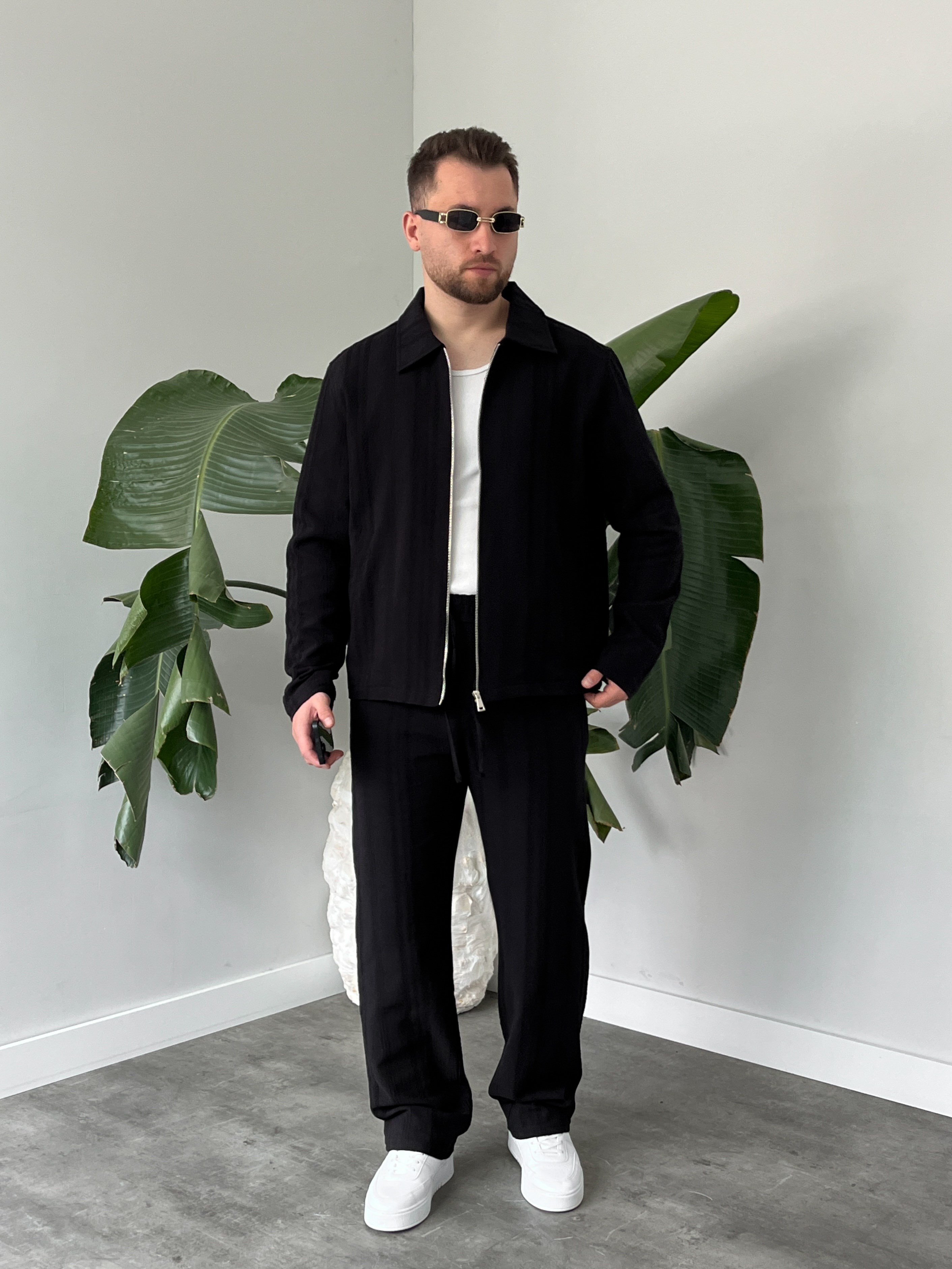 Siyah Chain Motif Relax Fit Keten Takım
