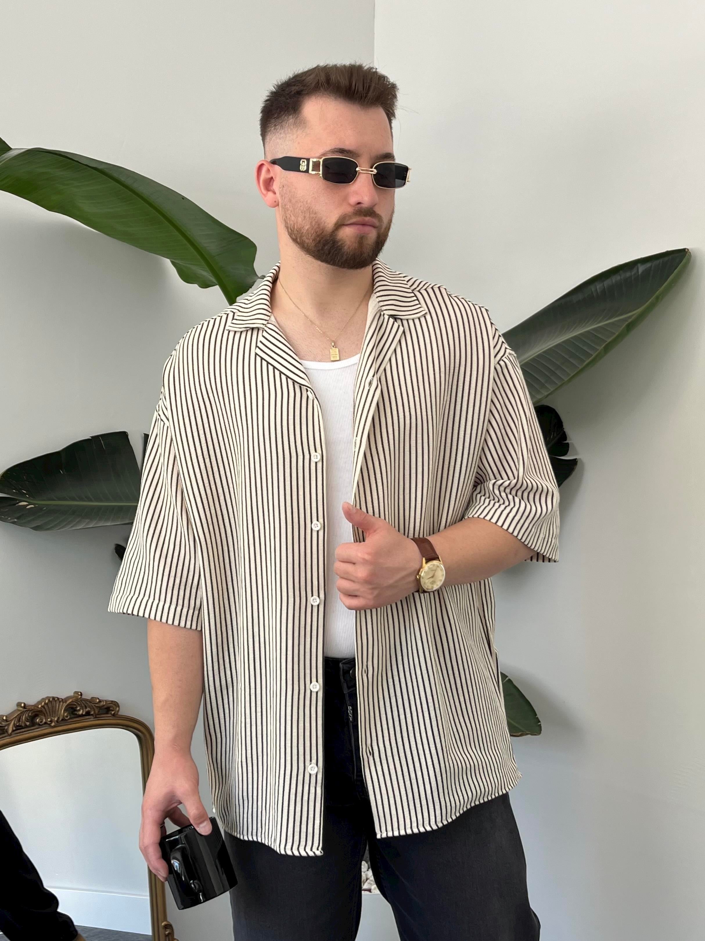 Siyah Çizgili Etamin Keten Oversize Gömlek
