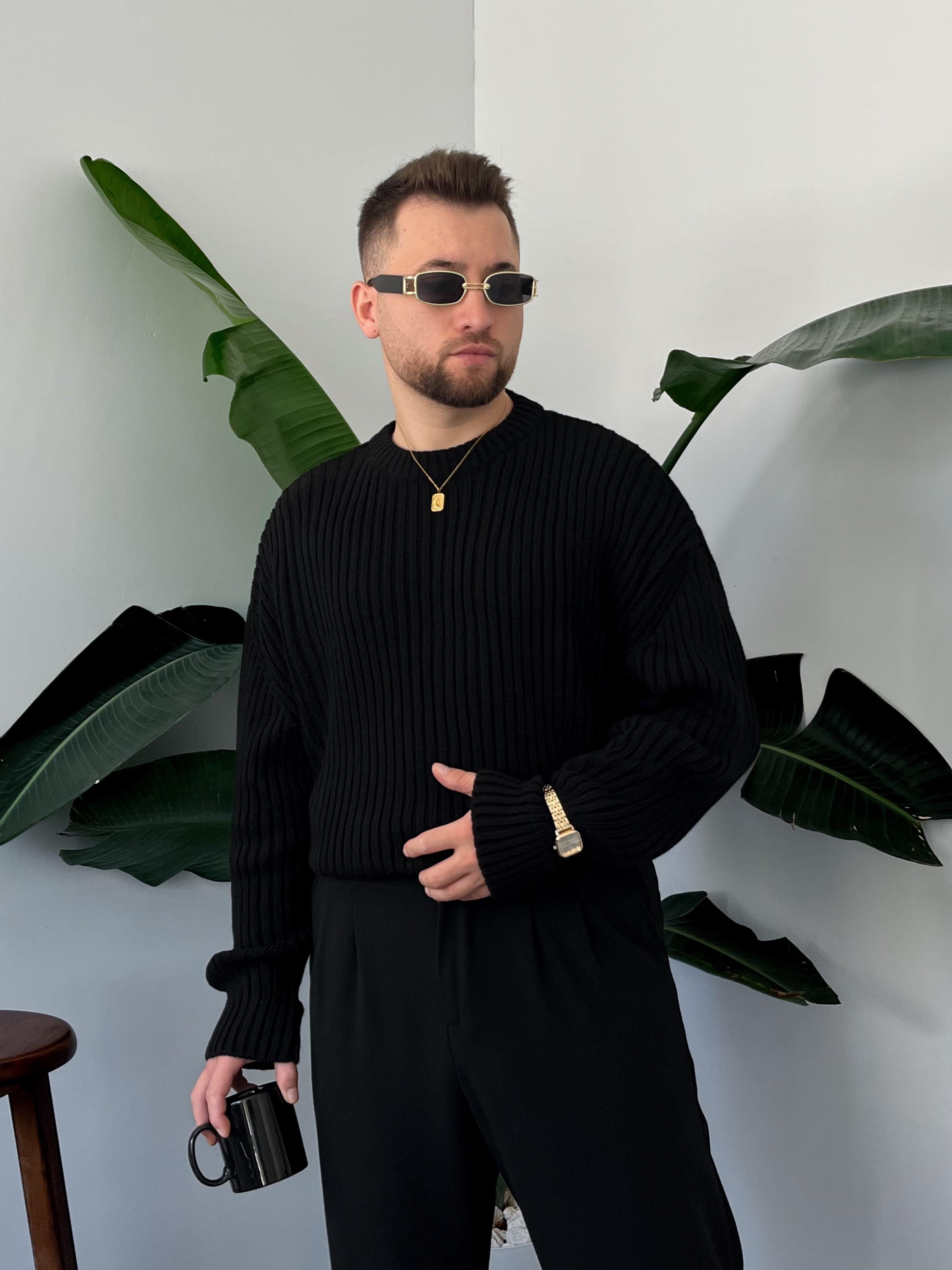 Siyah Extra Dolgulu Oversize Örgü Kazak