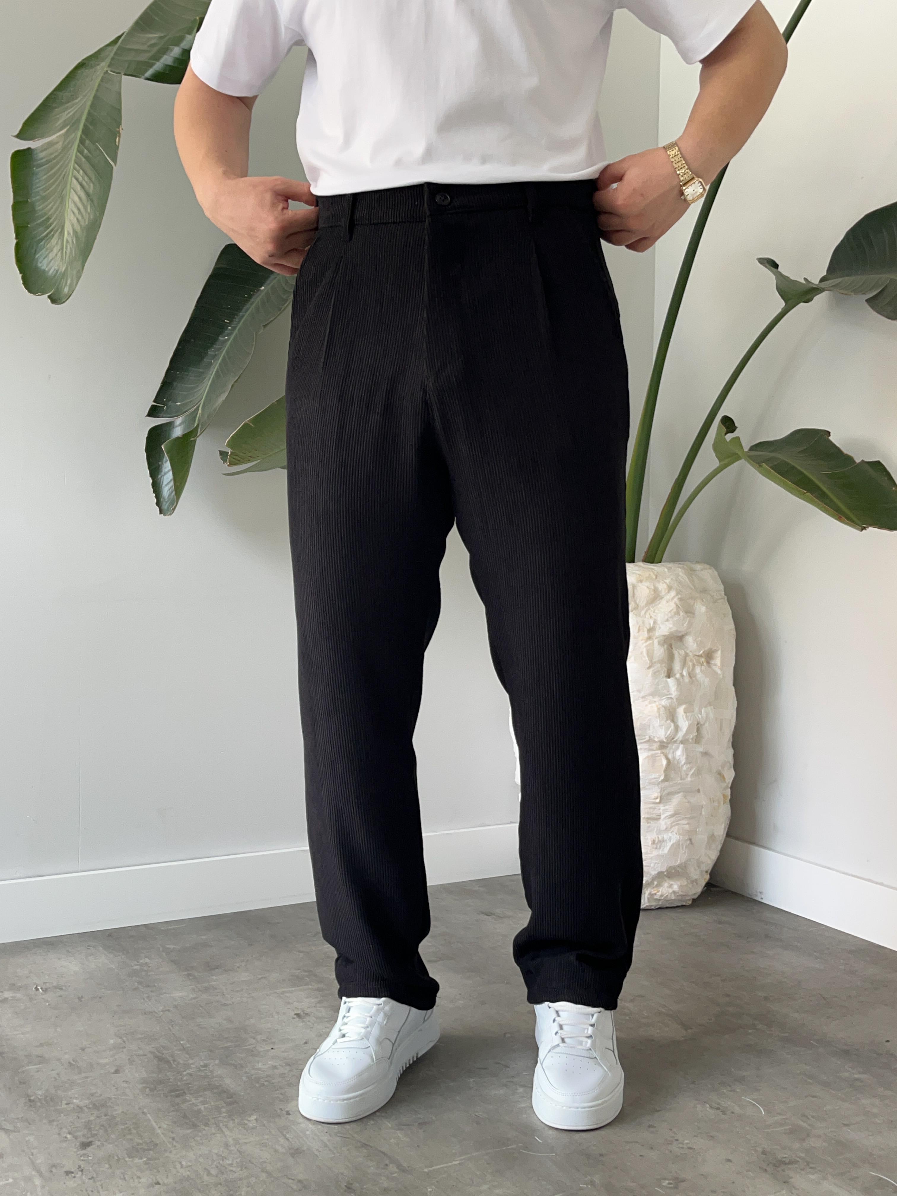 Siyah Fitilli Kadife Baggy Pantolon