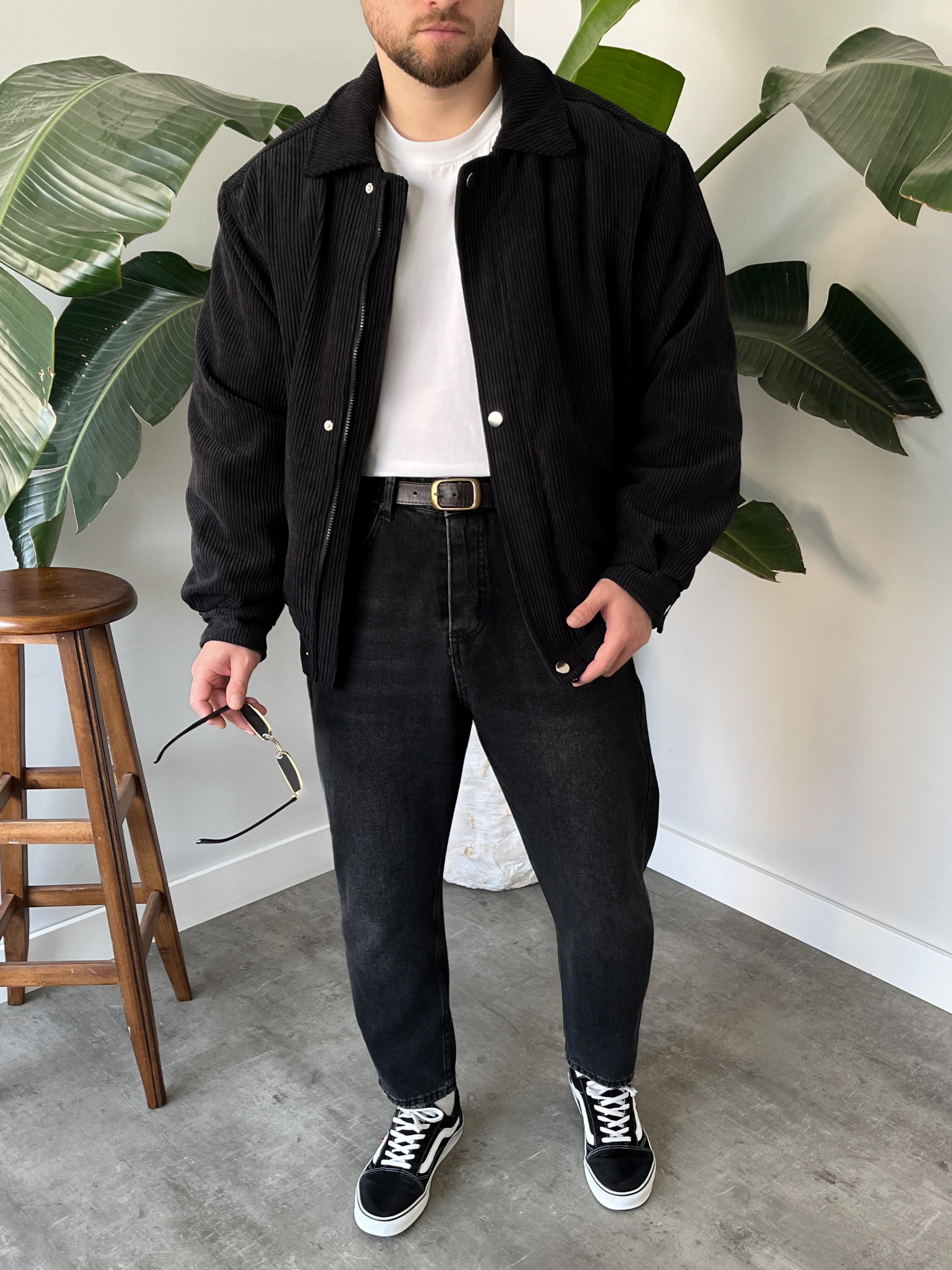 Siyah Fitilli Kadife Bomber Mont