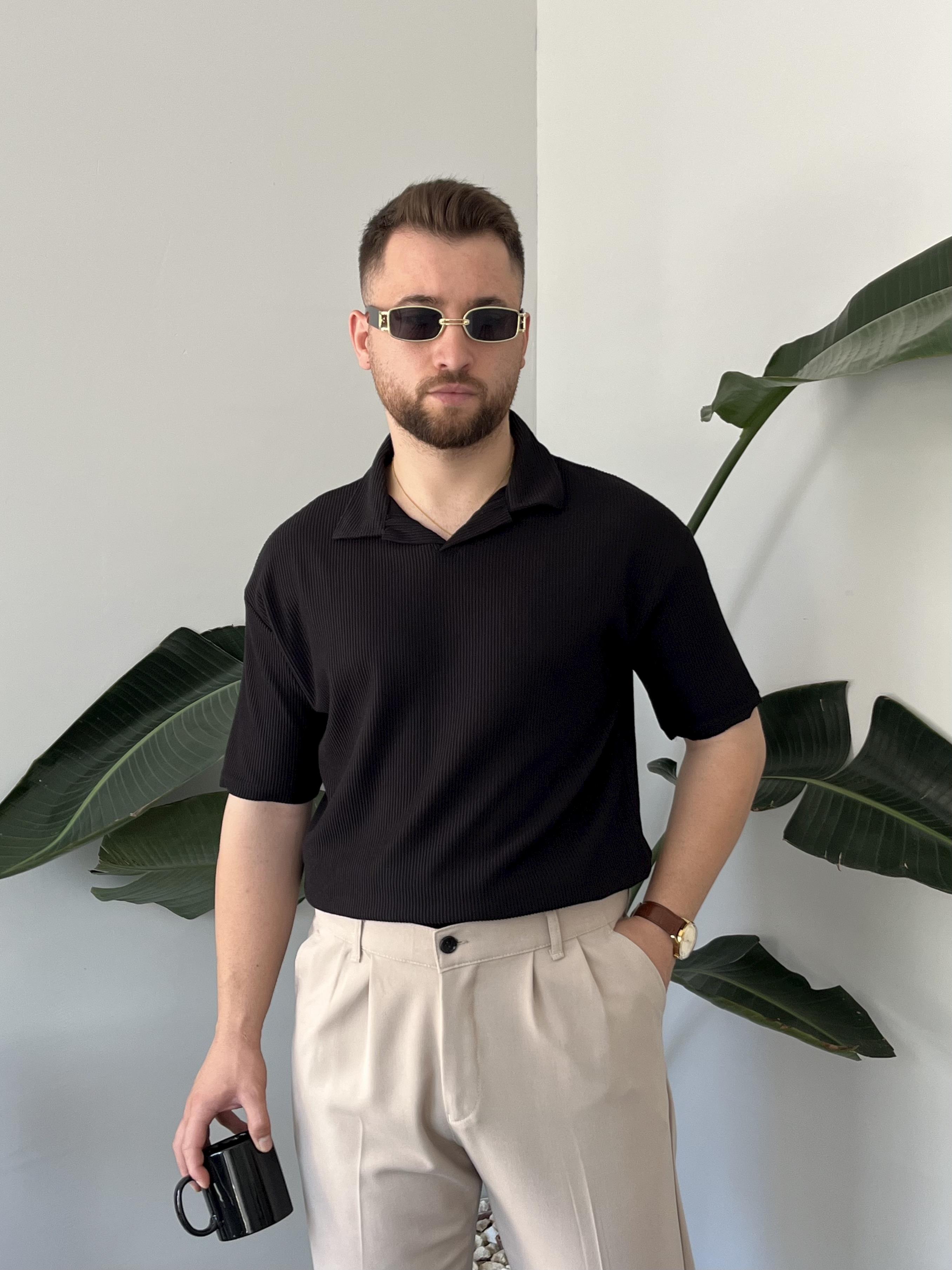 Siyah Fitilli Polo Yaka T-shirt