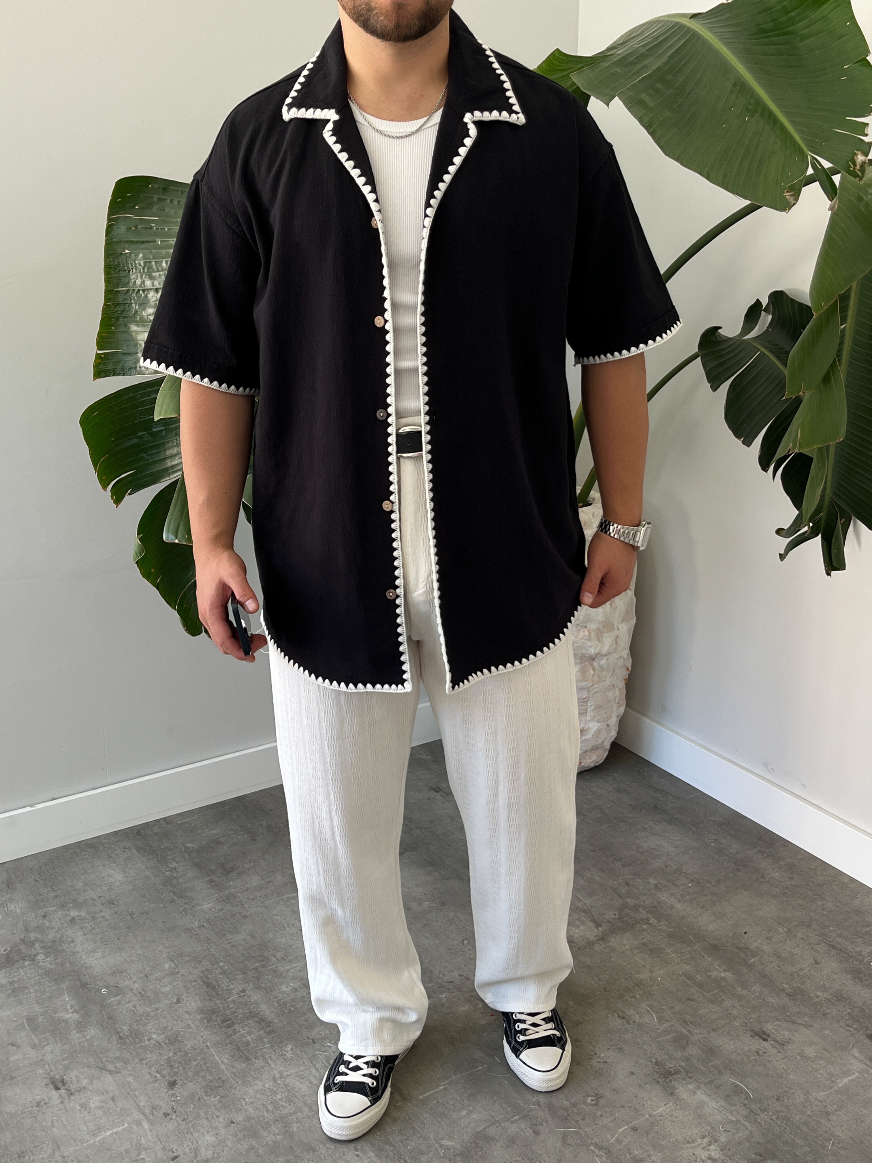 Siyah Kontrast Dikiş Keten Oversize Gömlek