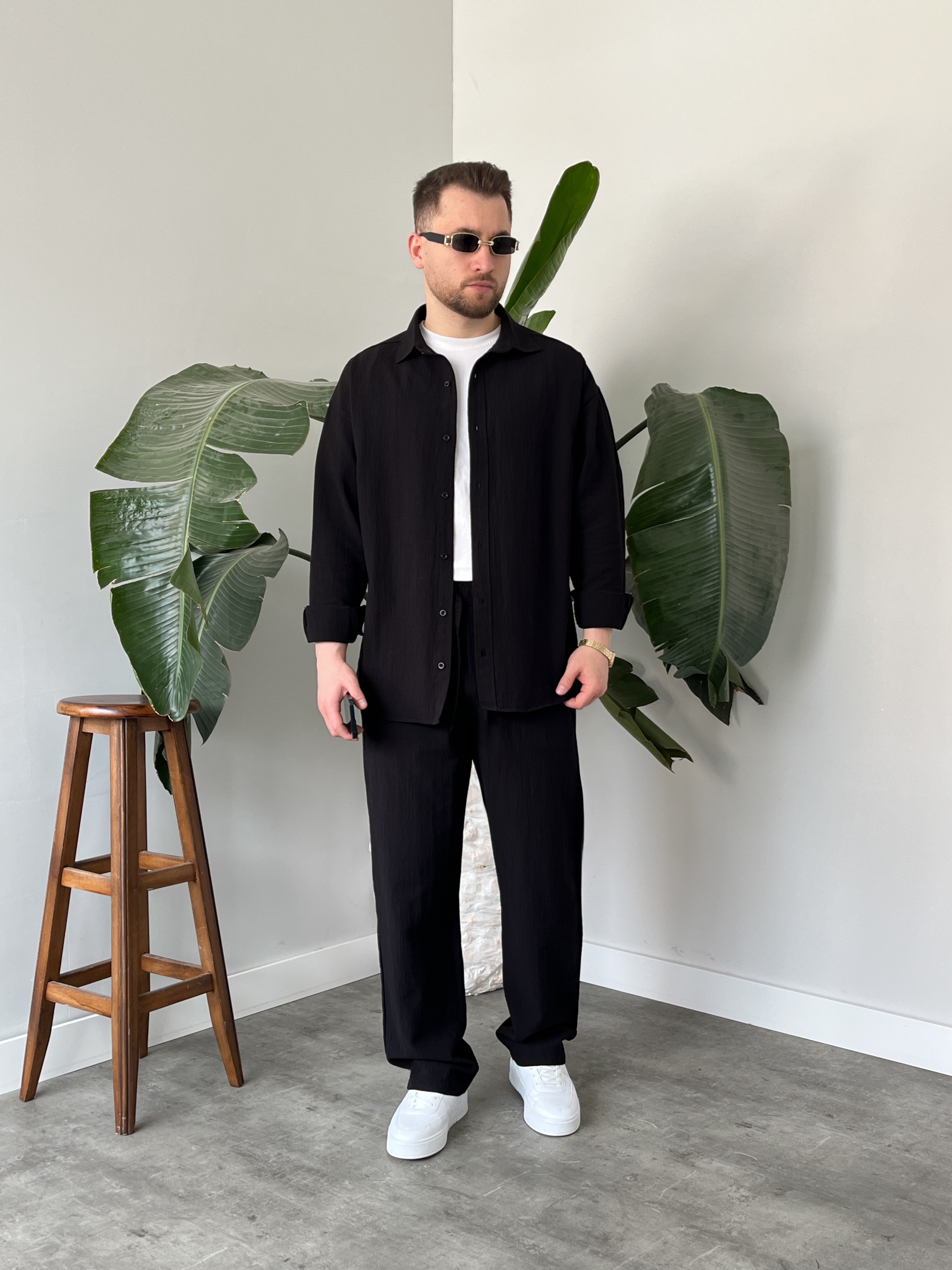 Siyah Krinkıl Keten Oversize Takım