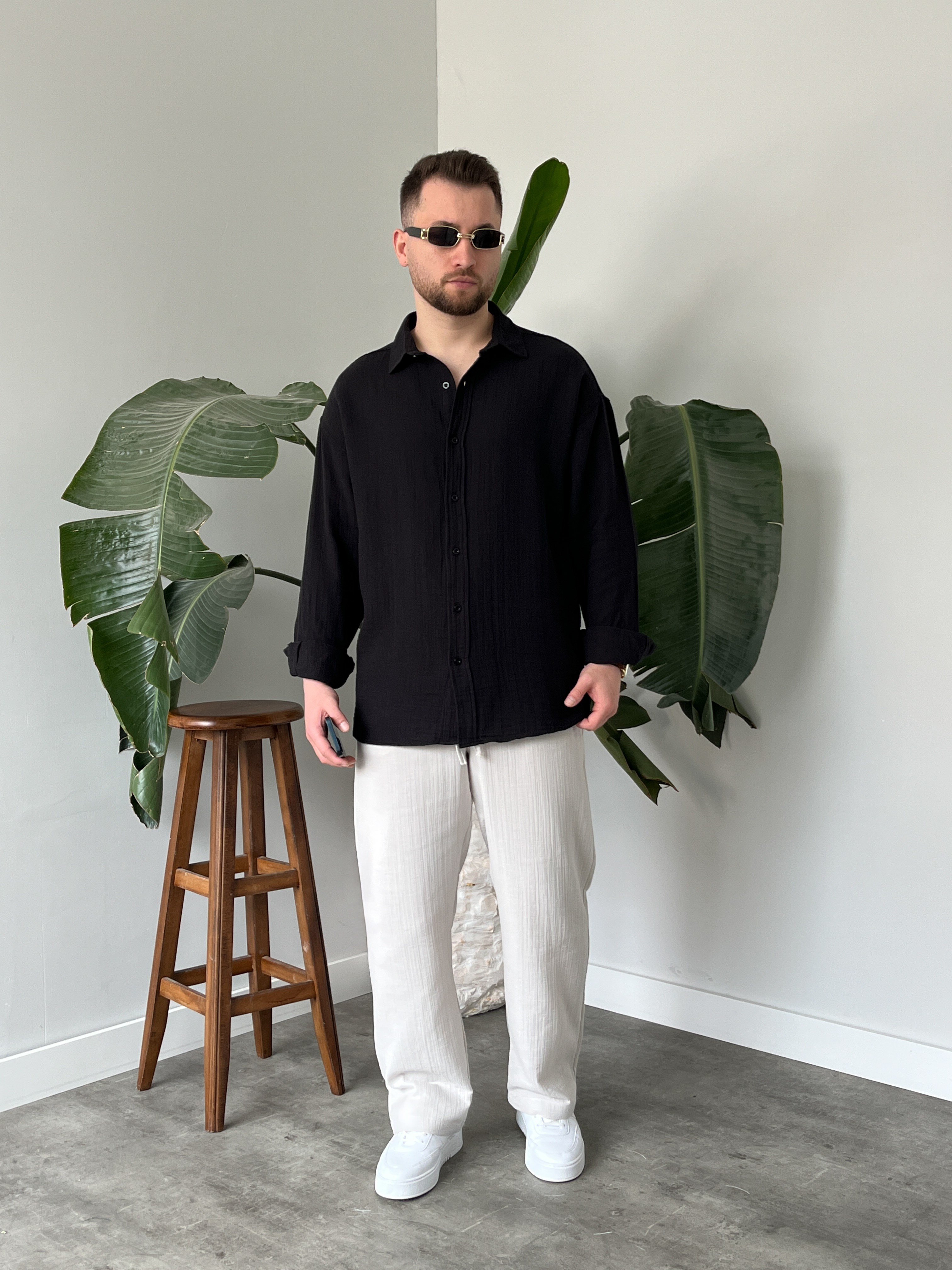 Siyah Müslin Dokulu Oversize Gömlek