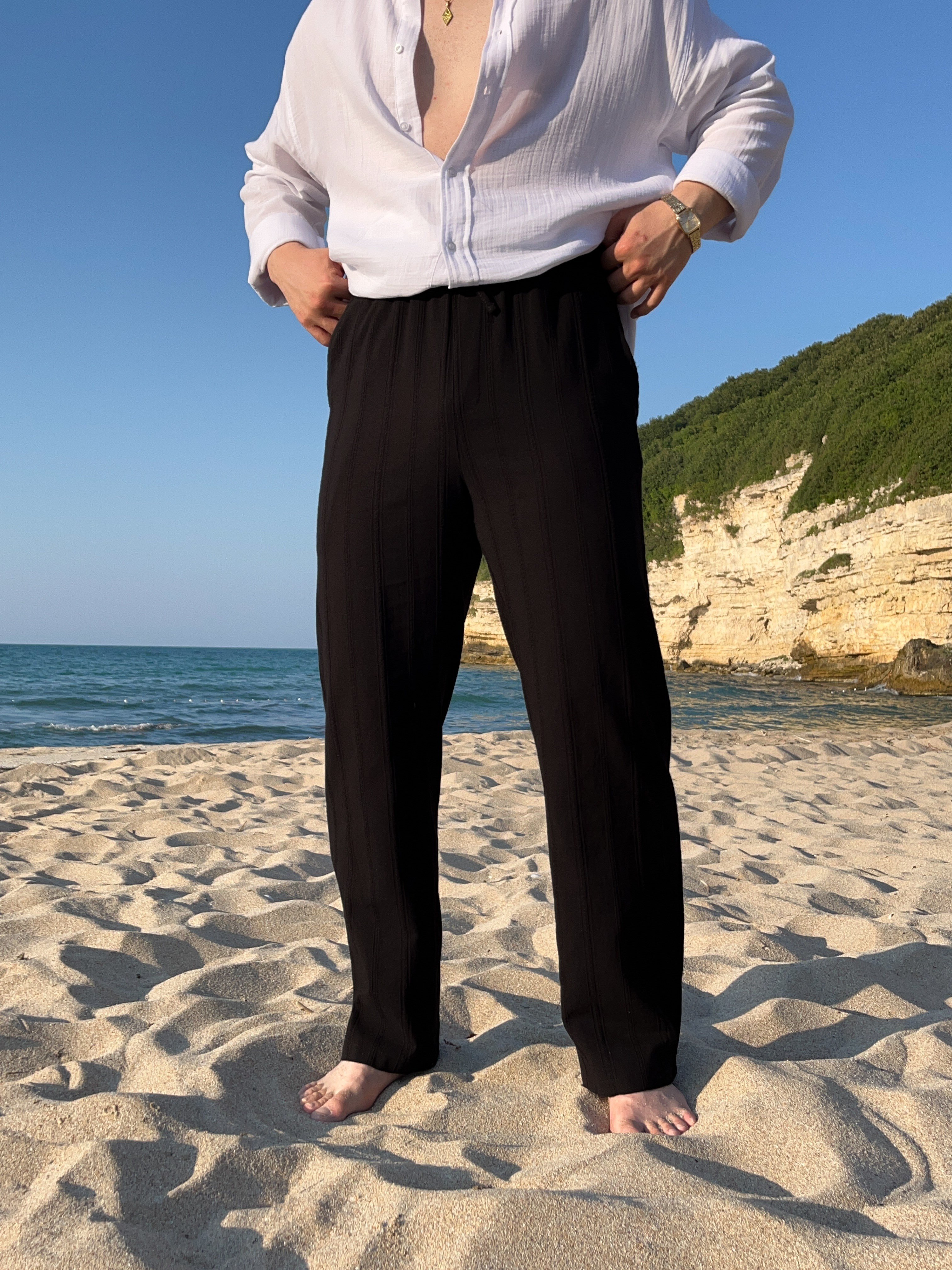 Siyah Örgü Desen Keten Baggy Pantolon