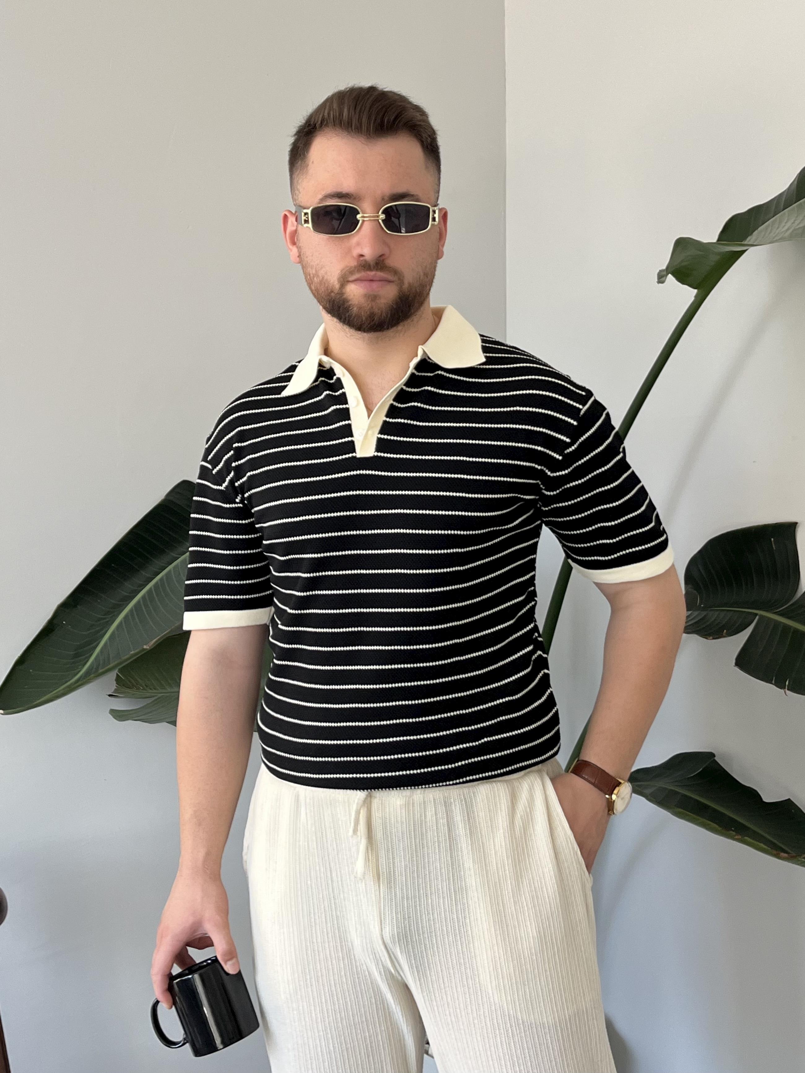 Siyah Premium Çizgili Örme Triko T-shirt
