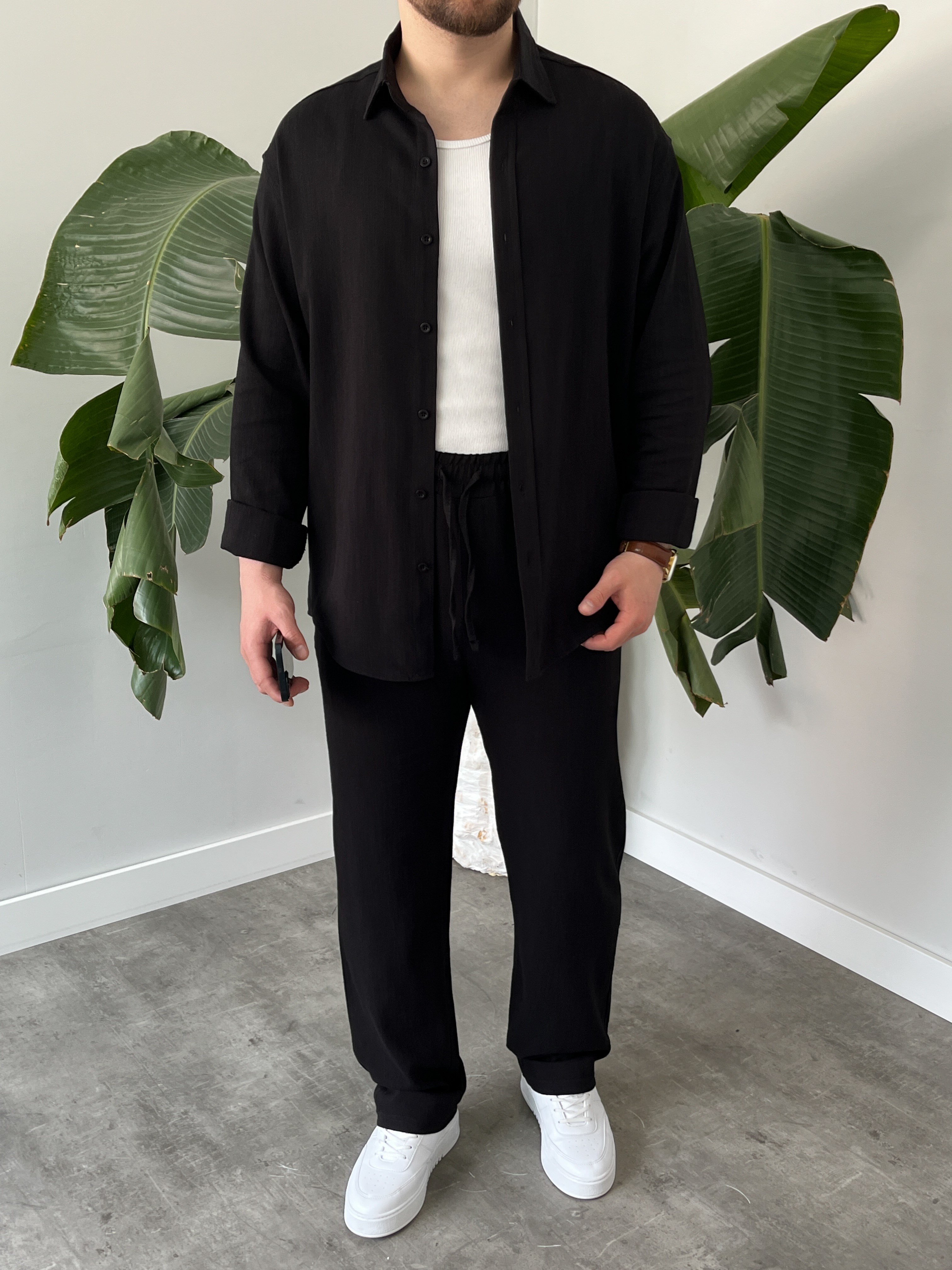 Siyah Serra Keten Oversize Takım